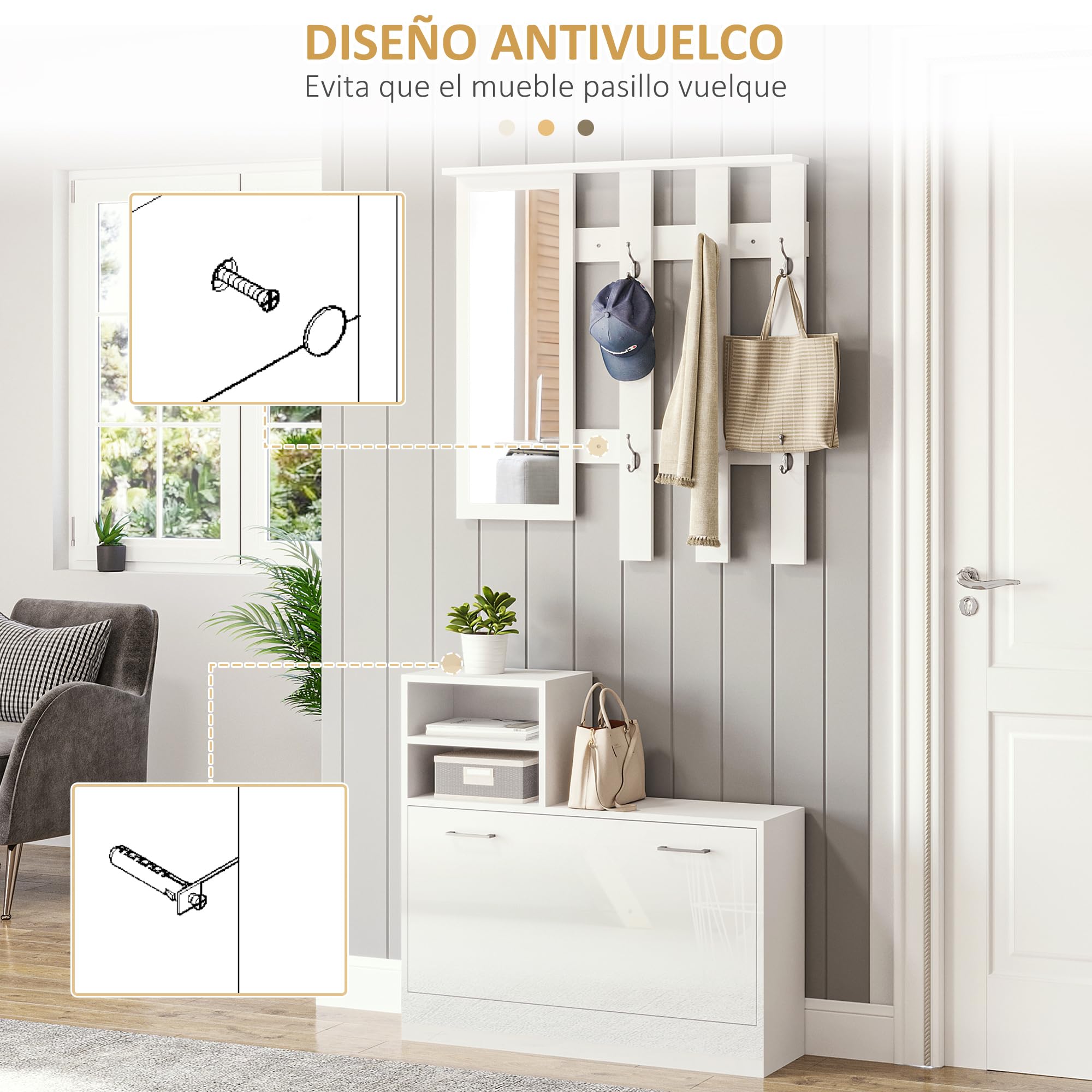 HOMCOM Conjunto de Recibidor de Entrada con Espejo Perchero y Zapatero Muebles de Entrada con 6 Ganchos y Estantes para 8 Pares de Zapatos para Pasillo Blanco Brillante