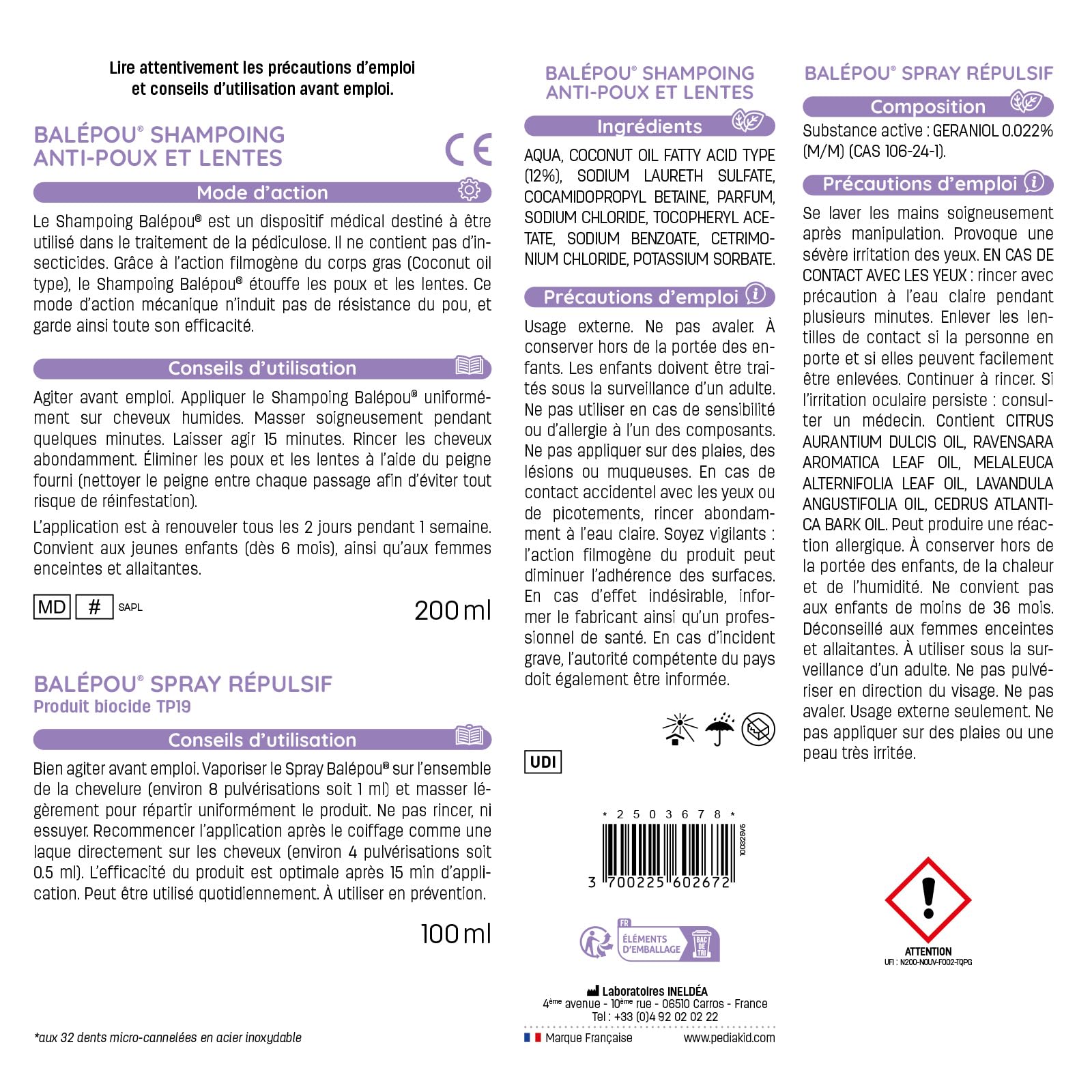 PEDIAKID - Traitement complet Balépou® anti-poux et lentes - 1 Shampoing Anti-Poux et Lentes 200 ml + 1 Spray Répulsif 100 ml + 1 peigne
