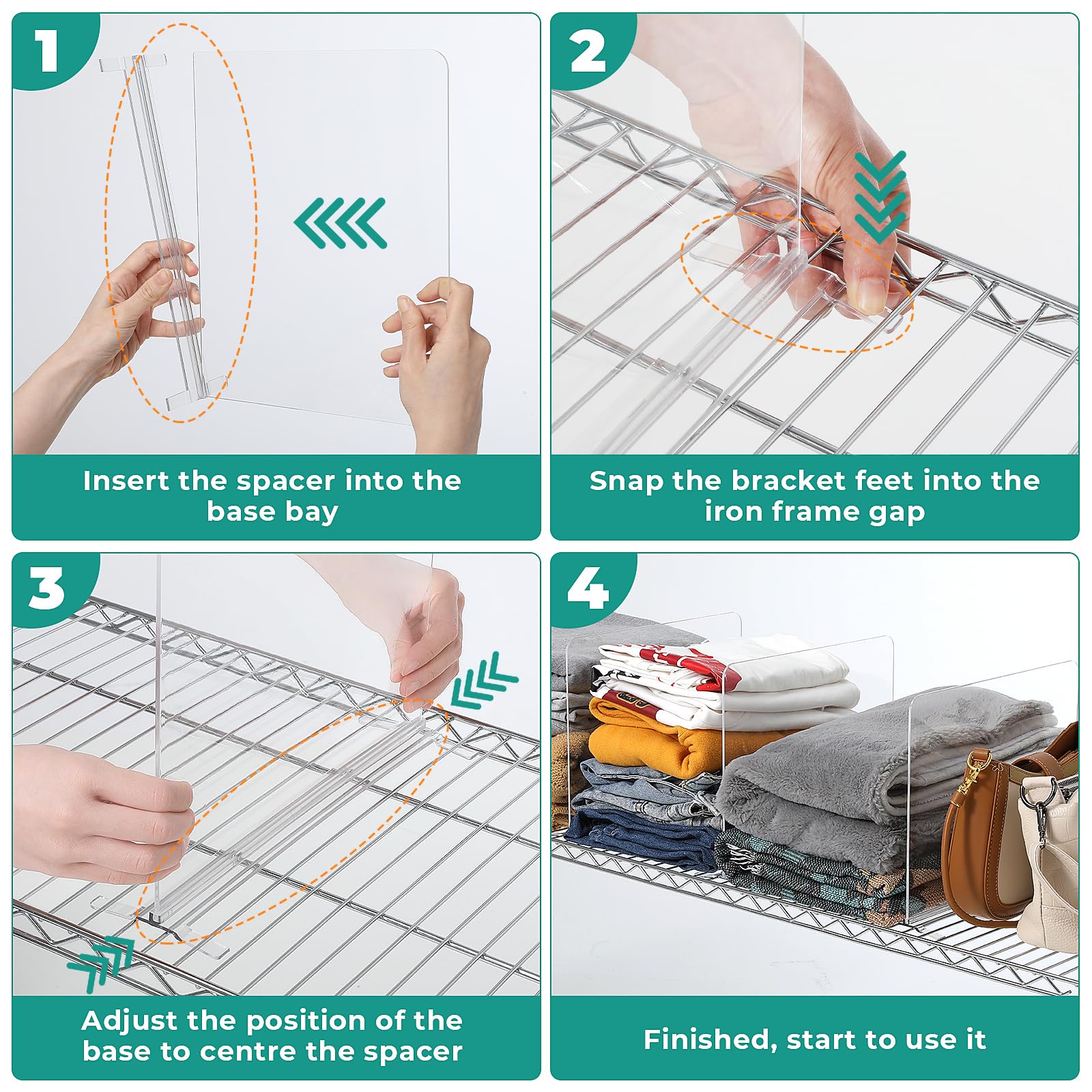 Organizzatore per armadio in acrilico, divisori per mensole per armadio, divisori per mensole in filo, mensola trasparente per armadio in filo, organizer per camera da letto, cucina e ufficio (12