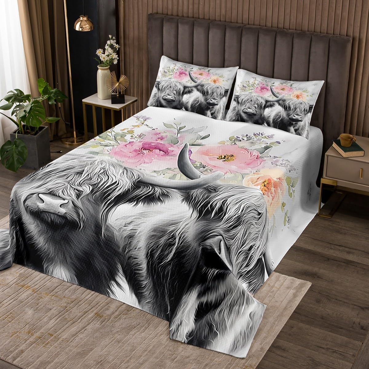 Erosebridal Highland Cow Flower Bedspread Queen Longhorn Bull Cattle Quilt Set Wildlife Farmhouse Cow Coverlet Set for Kids Adults,Western Animals Bedding Quilted