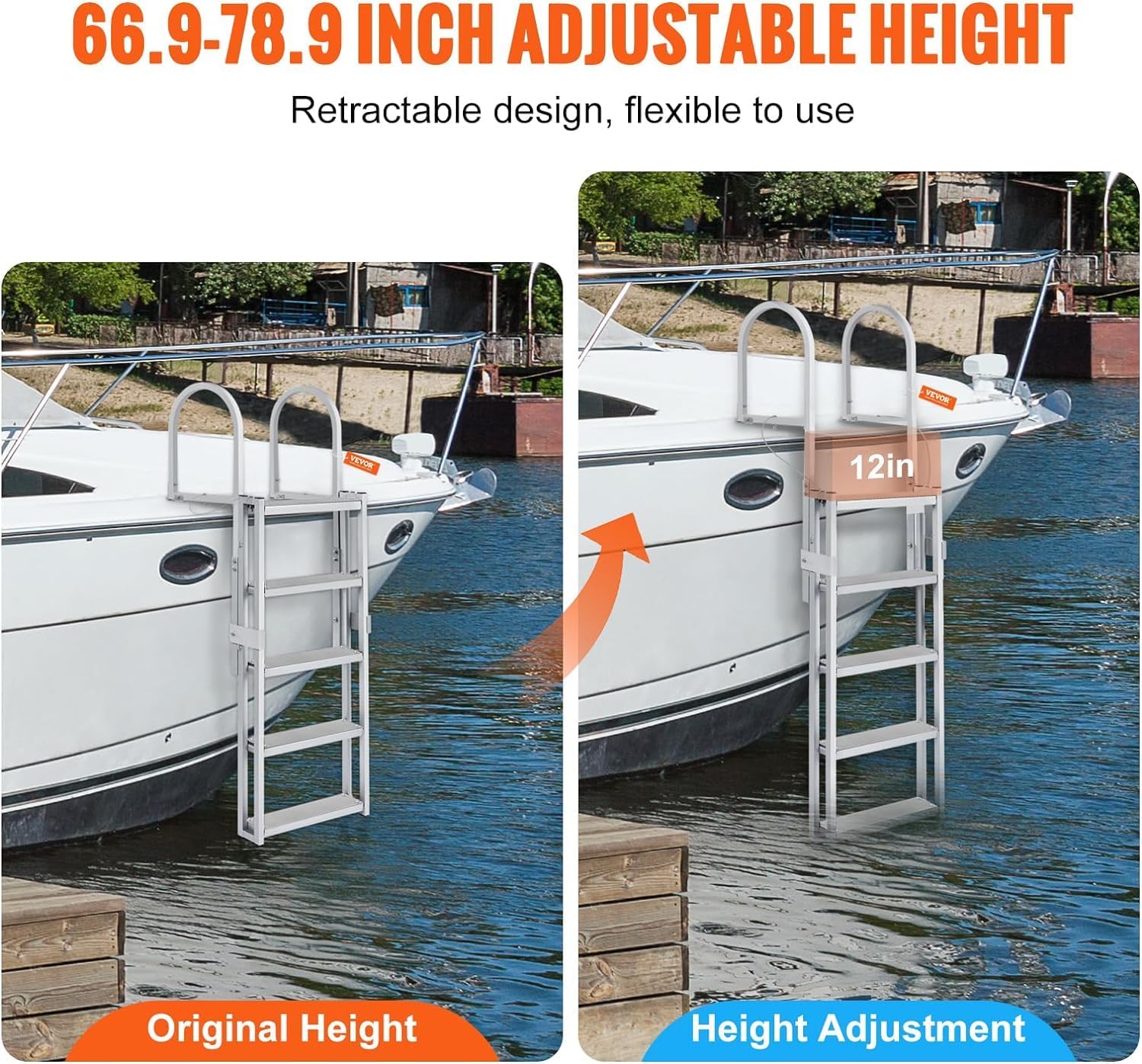 VEVOR Retractable Dock Ladder 5 Steps, Aluminum Sliding Pontoon Boat Ladder with 48"-60" Adjustable Height, 4" Wide Nonslip Pedals, Swim Step Ladder for Boat/Lake/Pool/Marine Boarding