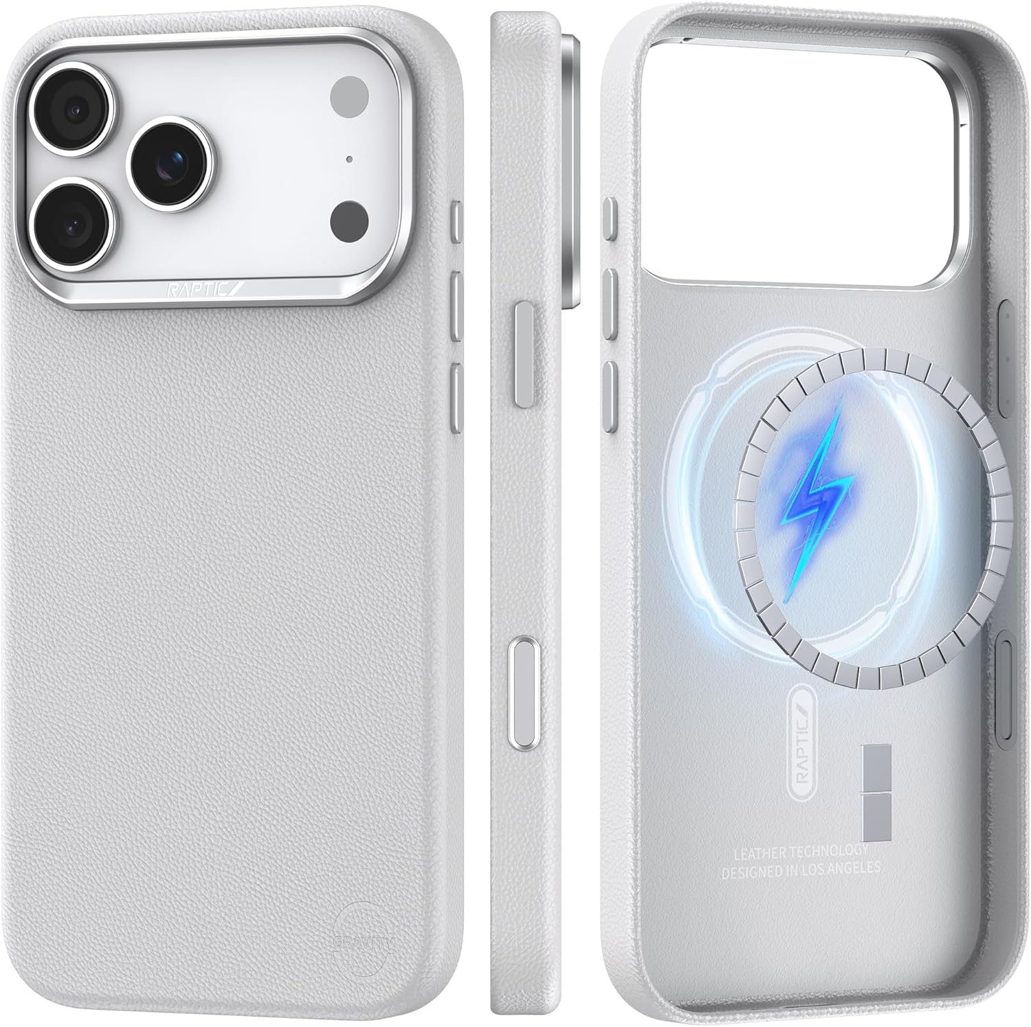 RAPTIC Feather-Luxe Leather Case Compatible with iPhone 17 Pro 6.3"- Compatible with Magnetic & Wireless Charging, Aluminum Control Buttons, Dual-Layer Construction, White