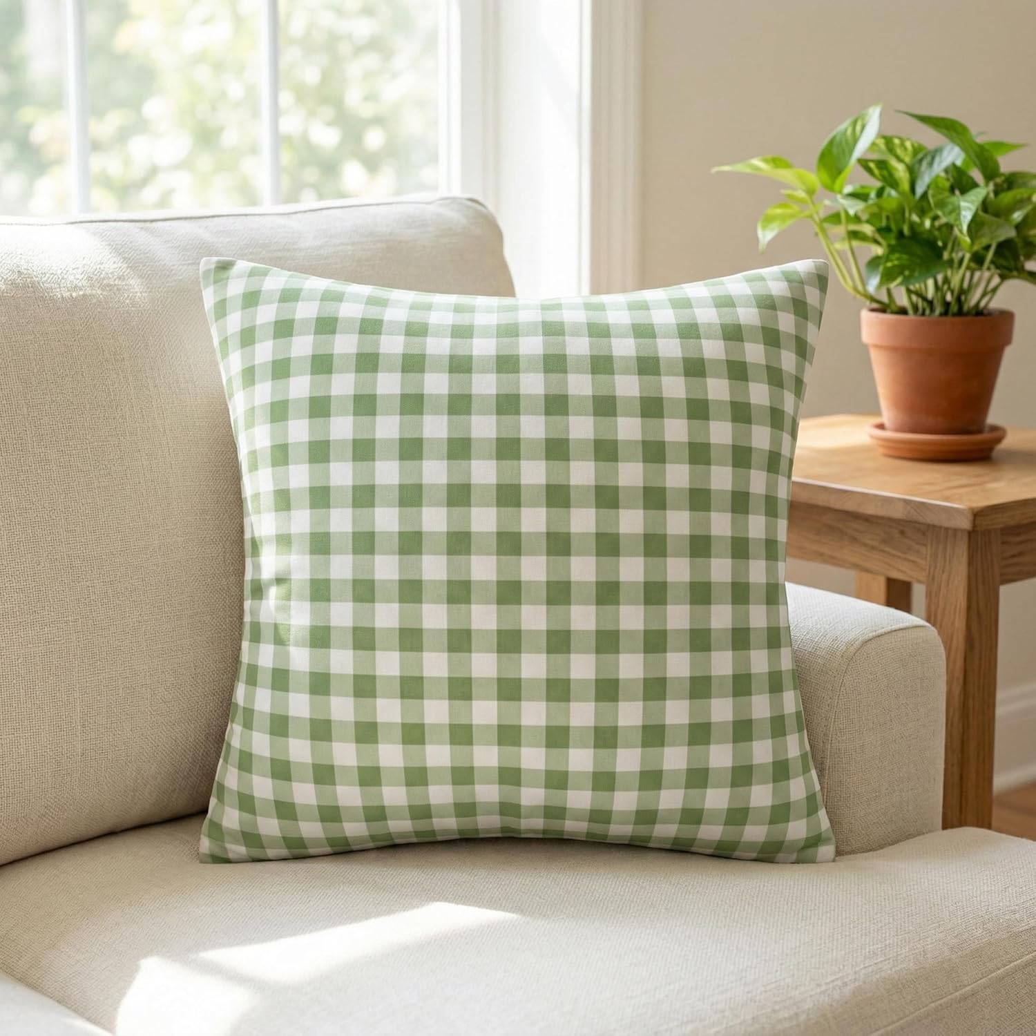 Green and White Buffalo Check Plaid Throw Pillows Cover Spring Farmhouse Decorative Throw Pillow Case Indoor Outdoor Cushion Cover Pillowcase for Sofa Couch Living Room 26 x 26 Inch Set of 2
