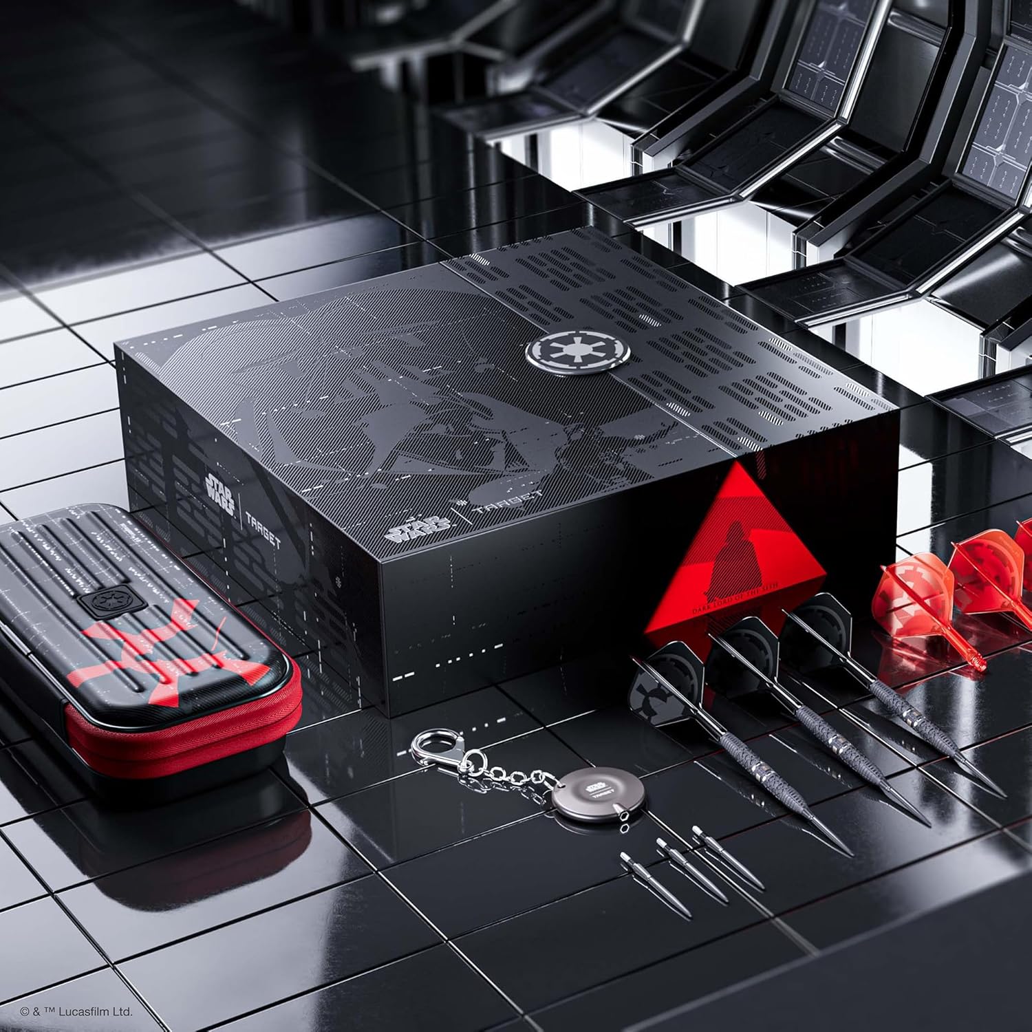 Target Darts Star Wars Darth Vader 95% Tungsten Steel Tip Darts, 22G/24G/26G | Black Swiss Storm Points, Red & Black K-Flex No.2/No.6 Shafts & Flights, Premium Swiss Keyring Tool & Takoma Wallet