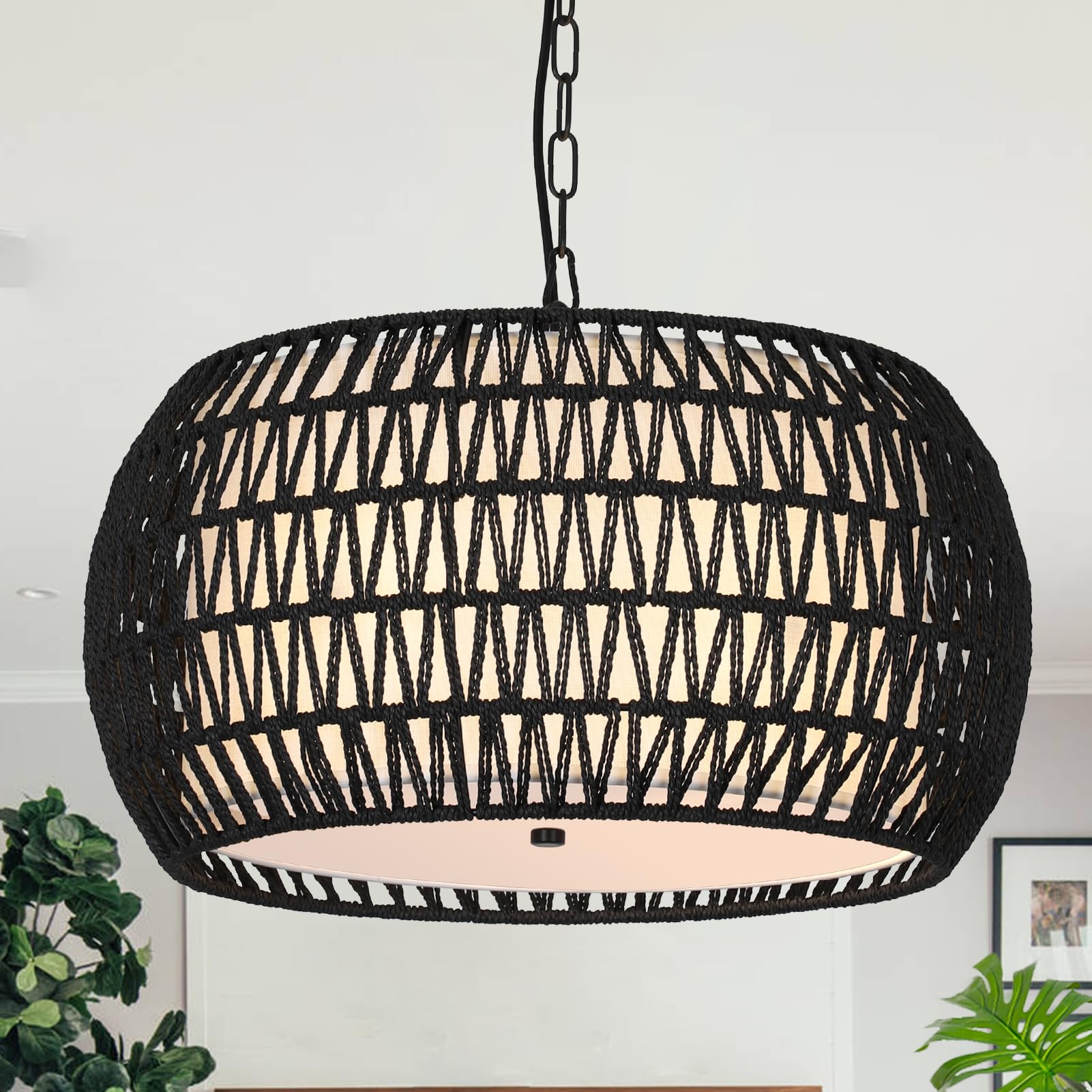 Farmhouse Chandeliers for Dining Room,5-Lights Rattan Boho Chandelier Light Fixture,Black Woven Dining Room Light Fixture with Fabric Shade,Modern Hanging Pendant Lighting for Kitchen Island Bedroom