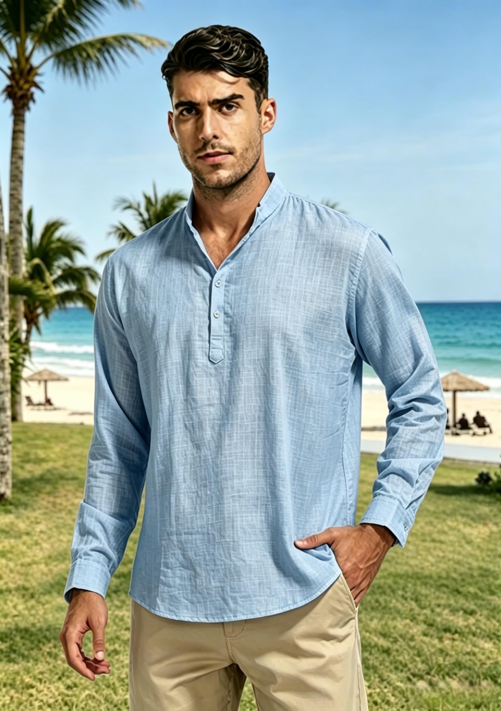 Cegerne Chemise en Lin Homme Manches Longues Chemise Été Légère Respirante Henley Casual pour Vacances Plage
