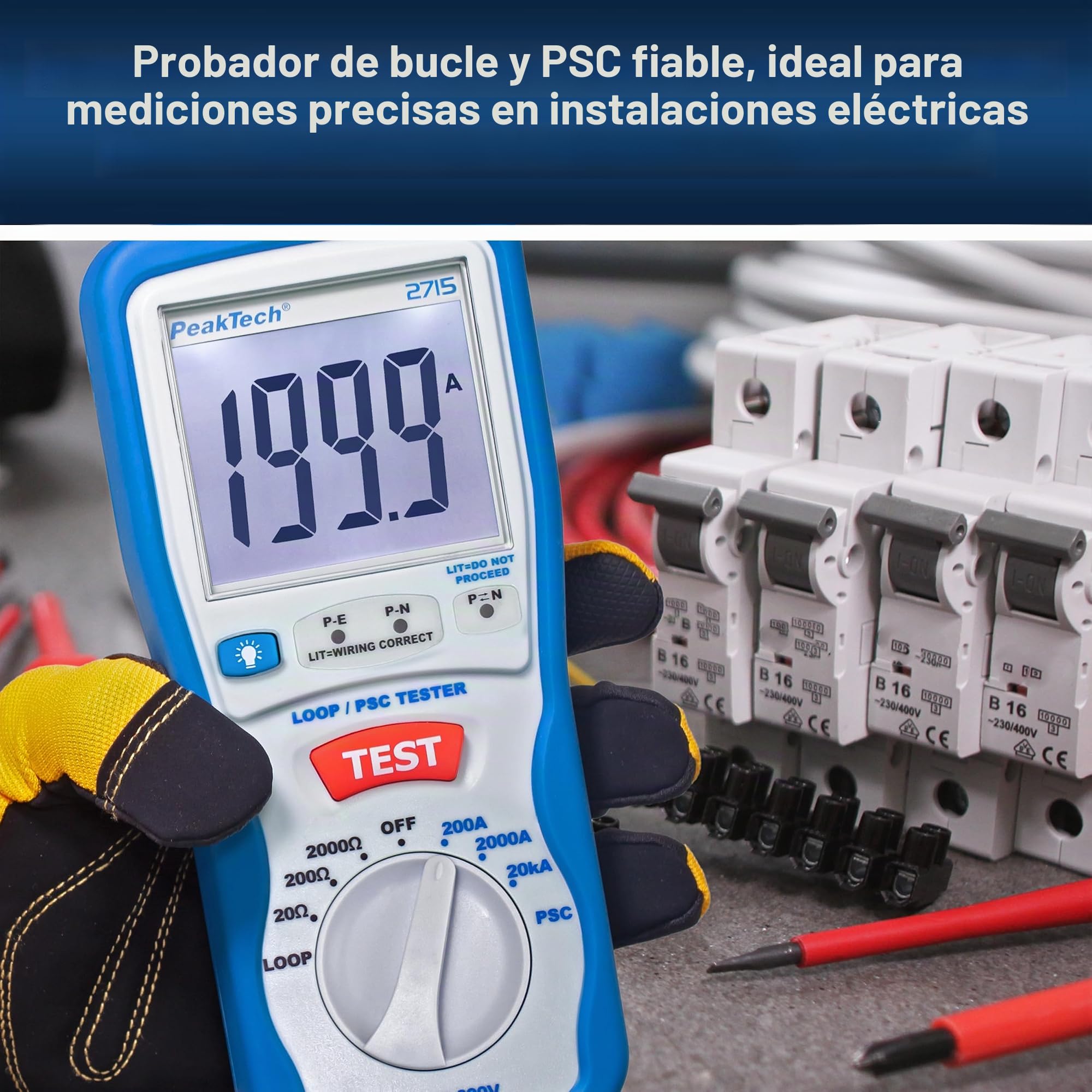 PeakTech 2715 – Probador digital de lazo PSC con pantalla LCD, probador para mediciones de impedancia, amperímetro de cortocircuito, fusible de circuito, carcasa aislada - CAT III 600 V