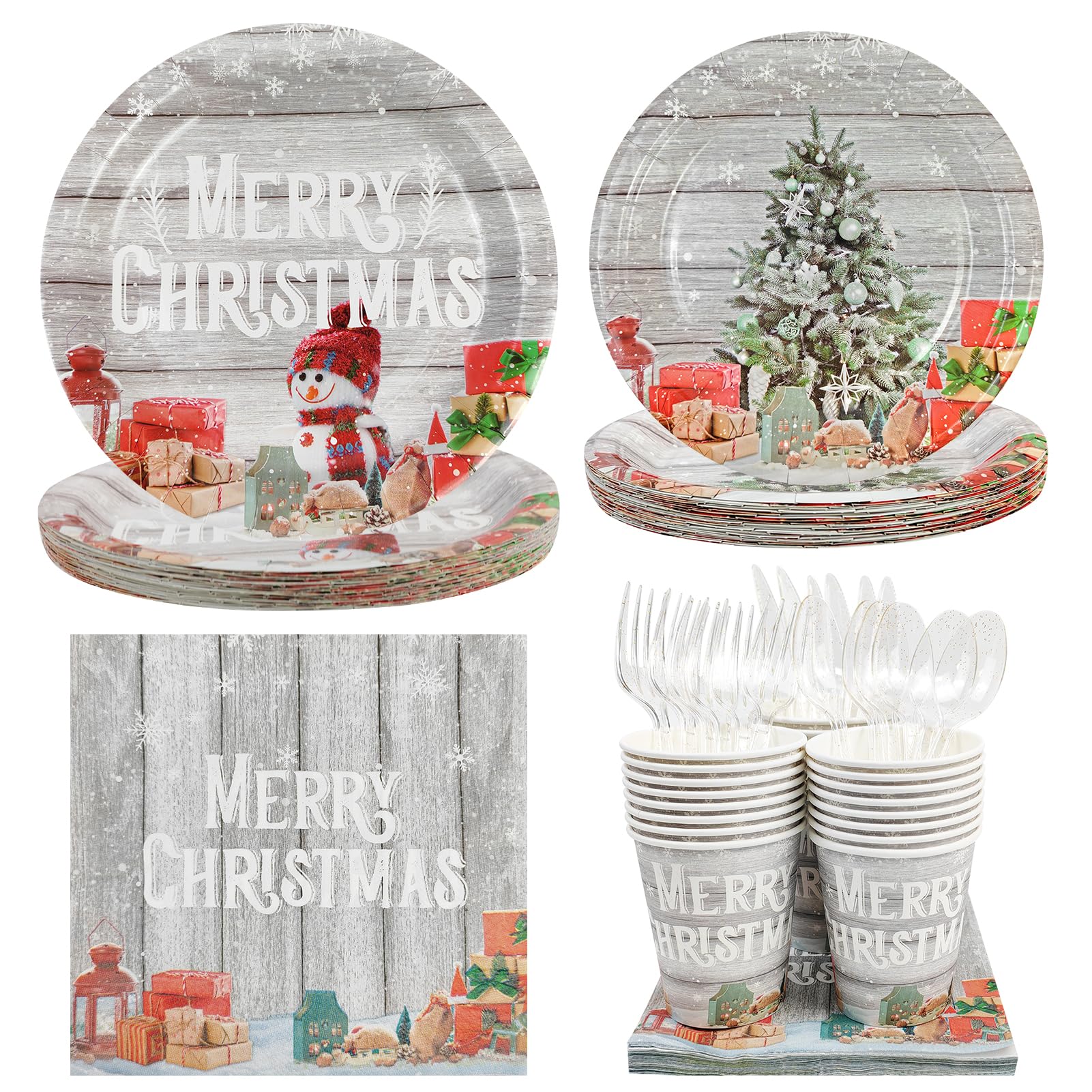 Photo 1 of Christmas Snowman Tree Party Supplies - Serves 24 Guest Includes Party Dinner Plates, Spoons, Knife, Forks, Cups and Lunch Napkins for Christmas Birthday New Year Holiday Parties Decorations F-Christmas