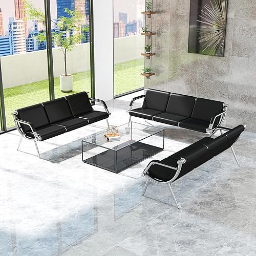 Miniatura 12 de Kinfant Silla de sala de espera, muebles de recepción de oficina con reposabrazos y cojín de piel sintética, silla de invitados de oficina para sala