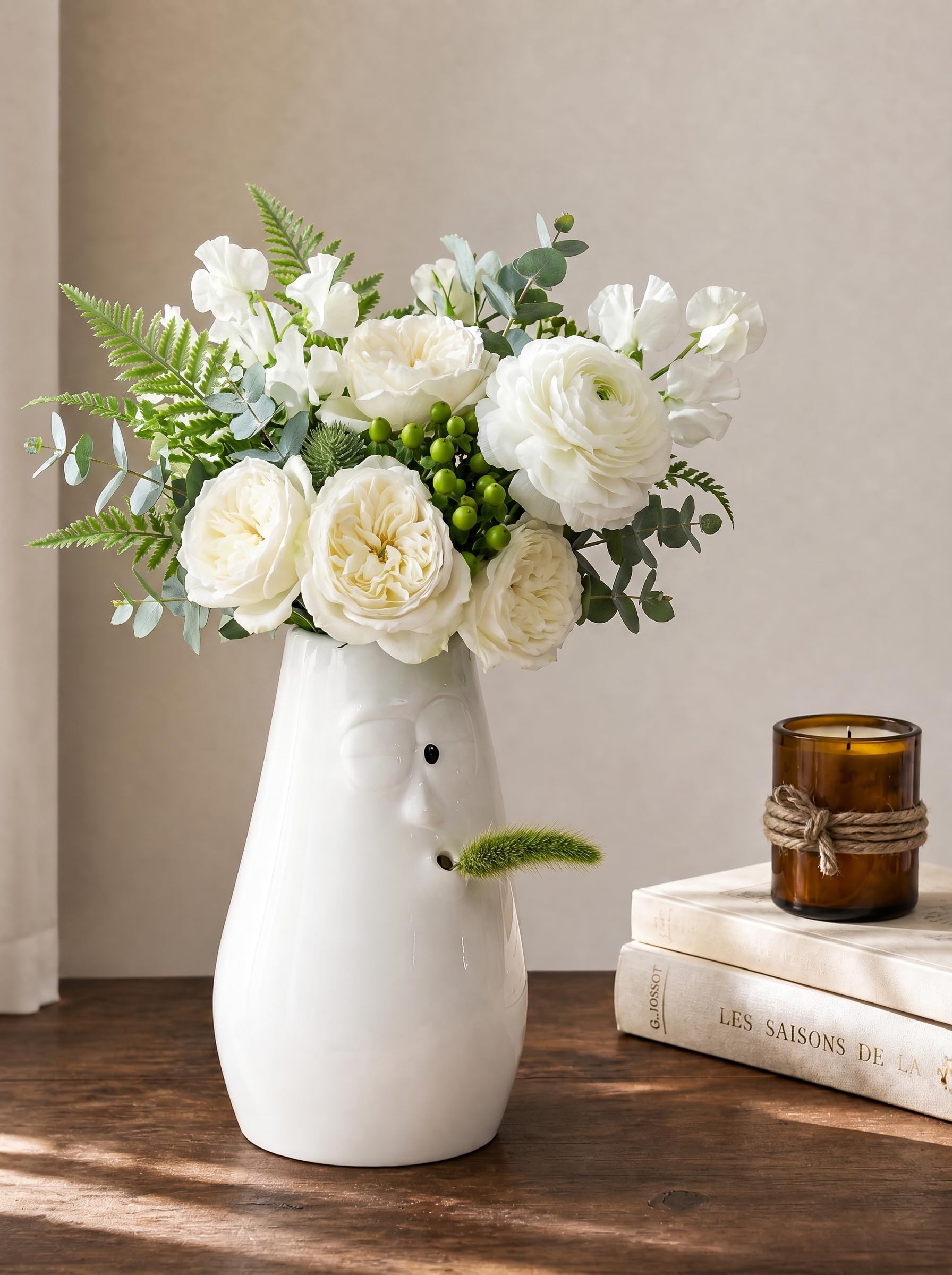 NUPTIO Vaso Bianco Regalo Compleanno: Ceramica Idea Fiori Vasi Decorativo Interno per Anniversario Natale - 24,5cm Altezza Moderno Centrotavola per Ufficio Camera Soggiorno Tavolo