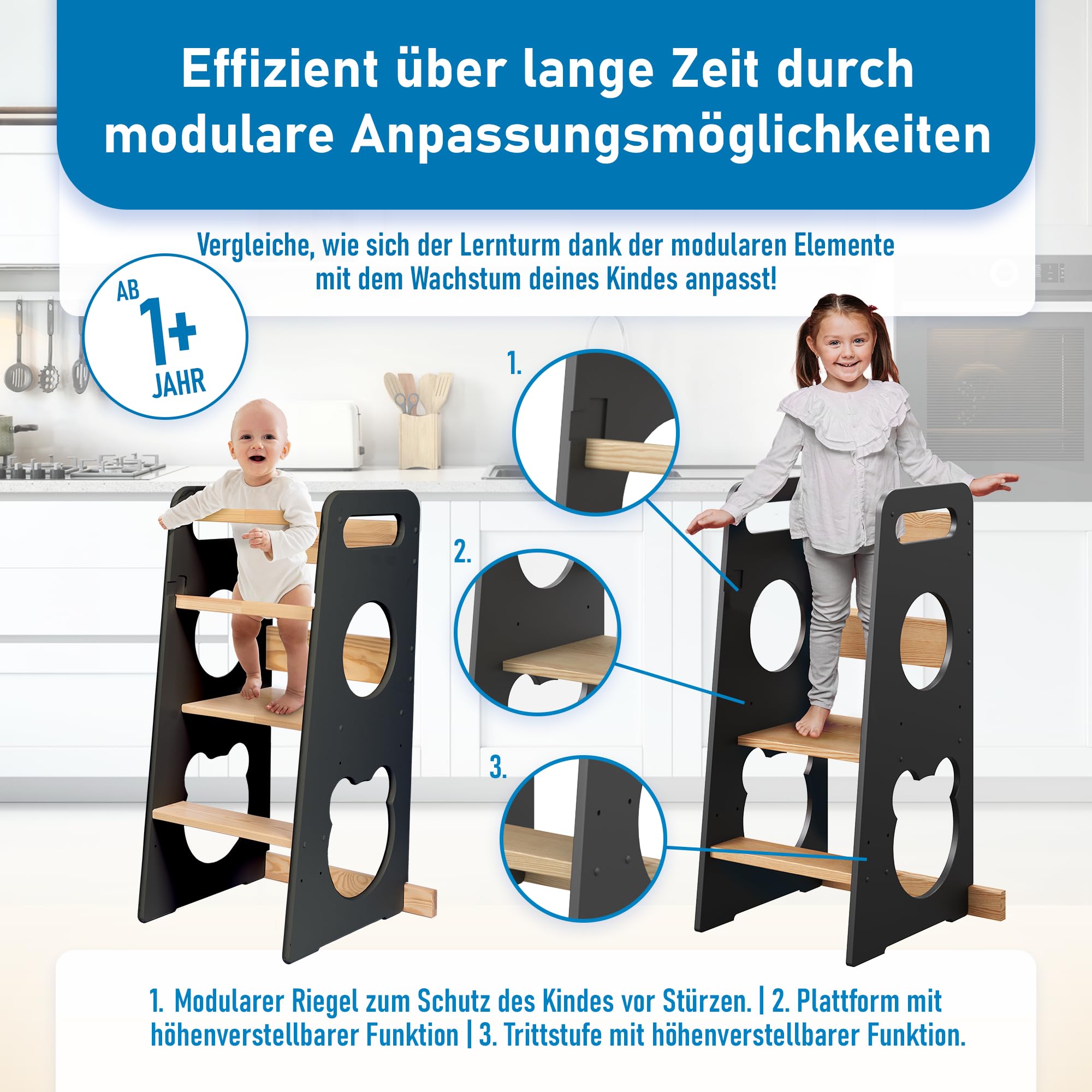 Lernturm für Kinder - Stylisch Mit Kippschutz und Höhenverstellbar - Montessori Küchenhelfer und Learning Tower | Ab 1 Jahr | Little Helper