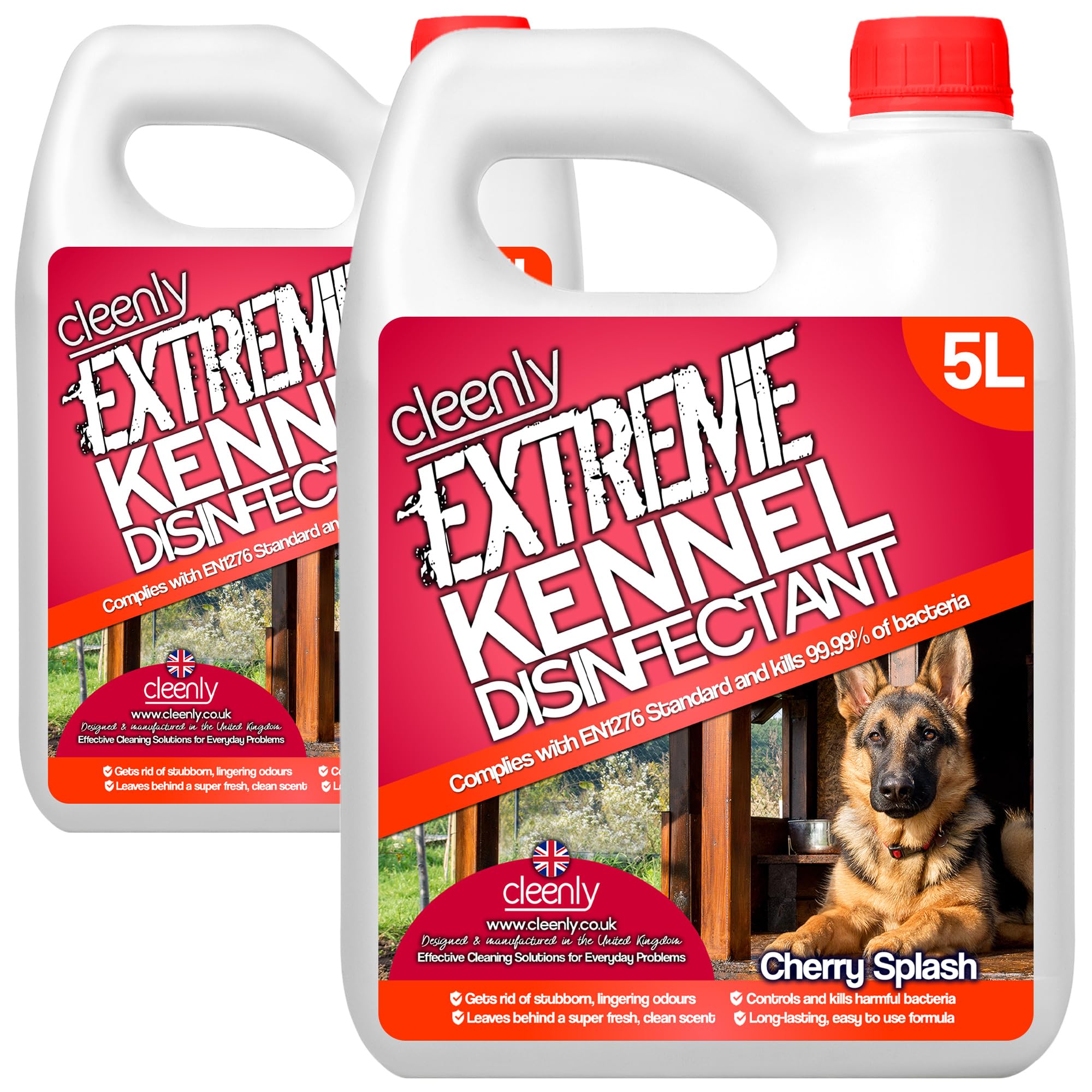 Cleenly Extreme Kennel Cleaner Disinfectant 2 x 5L– 3-in-1 High Strength Pet Cleaner, Kills 99.9% of Bacteria, EN1276 Tested, Odour Eliminator for Kennels, Floors & Pet Areas (Cherry)