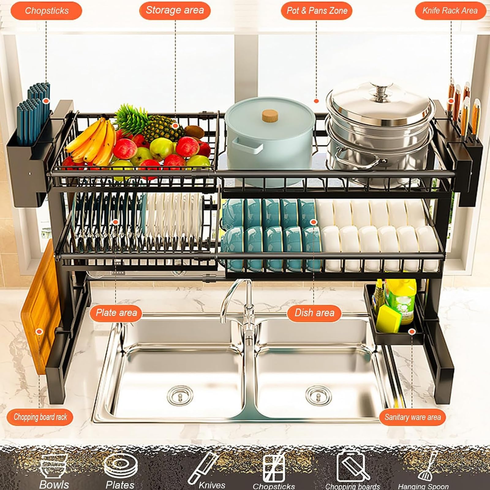 Scolapiatti Da Posizionare Sopra Il Lavello, Scolapiatti In Acciaio Inox, Organizer Per Piano Cucina E Ripiano Portaoggetti Per Piatti