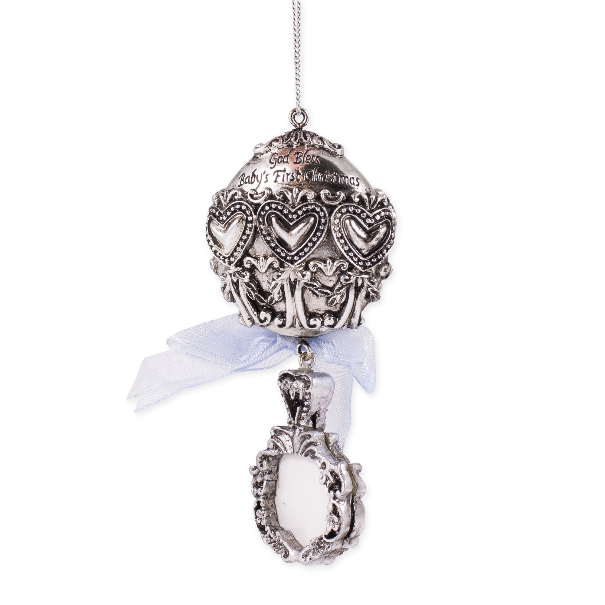 Baby 's First Christmas God Bless Silber Rassel Ornament mit Blue Ribbon und Platz für Foto