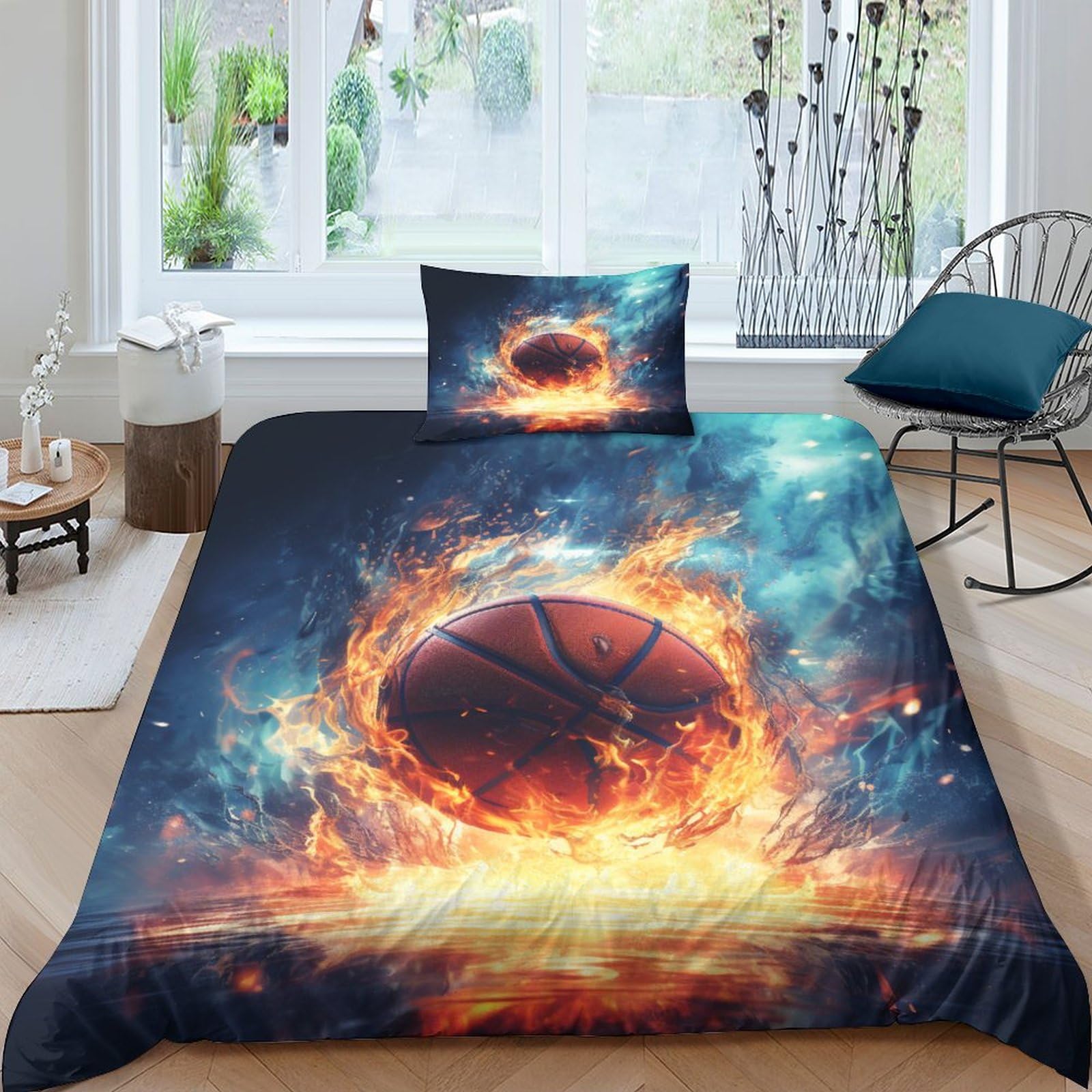 Parure de lit basketball 3D Fire and Ice avec housse de couette 135x200cm pour chambre d'enfant