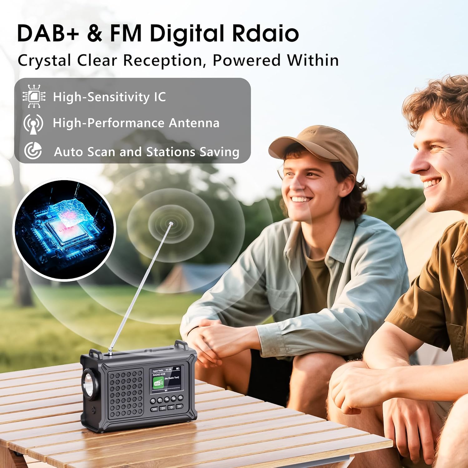 Two people enjoying the Mesqool DAB+ and FM digital radio outdoors, highlighting its crystal clear reception with high-sensitivity IC and high-performance antenna.
