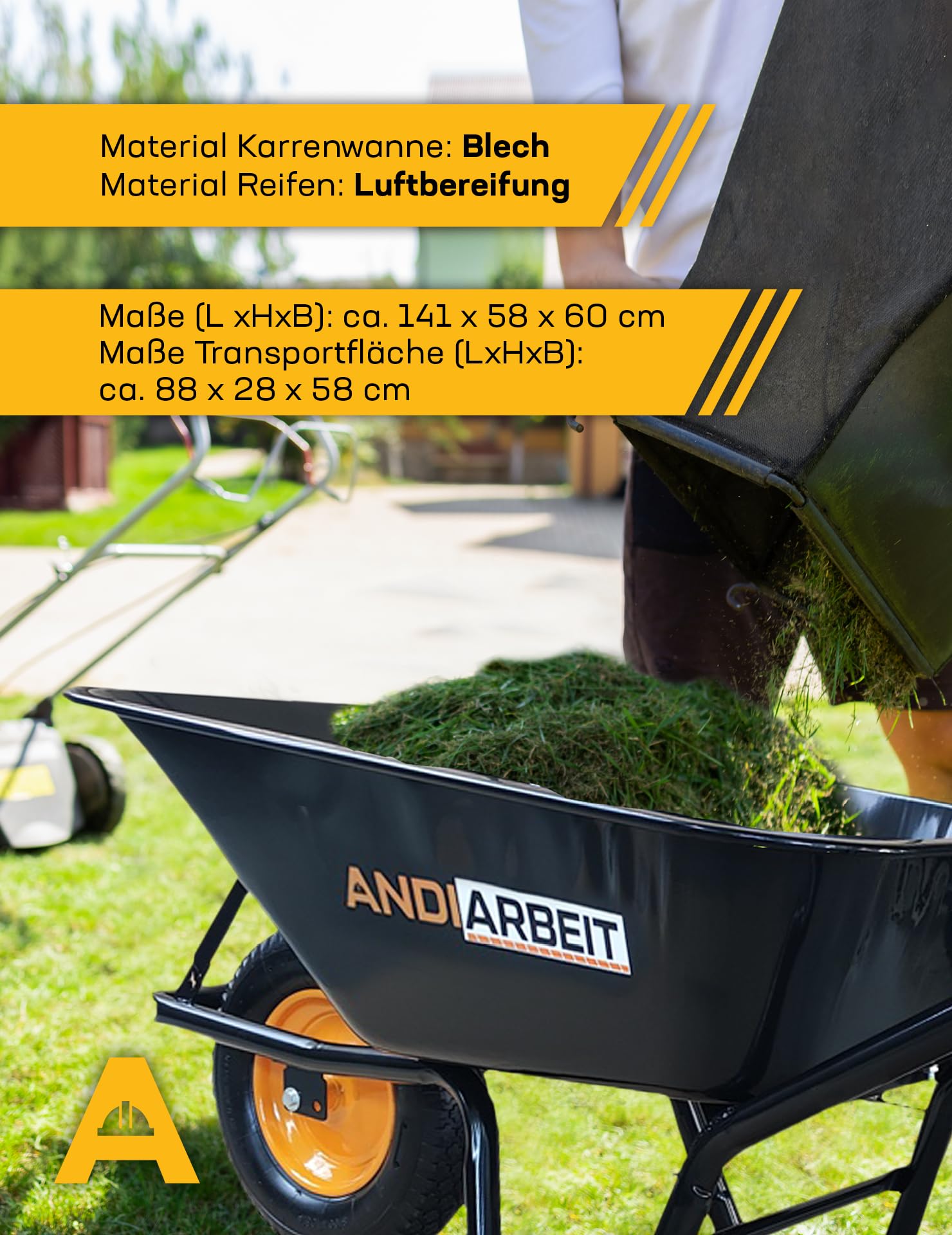 Bob Schubkarre 100L – Robuste Blechwanne, Luftbereifung, 220kg Tragkraft, Ergonomische Griffe für optimalen Halt – Ideal für schwere Outdoorarbeiten (Schwarz)
