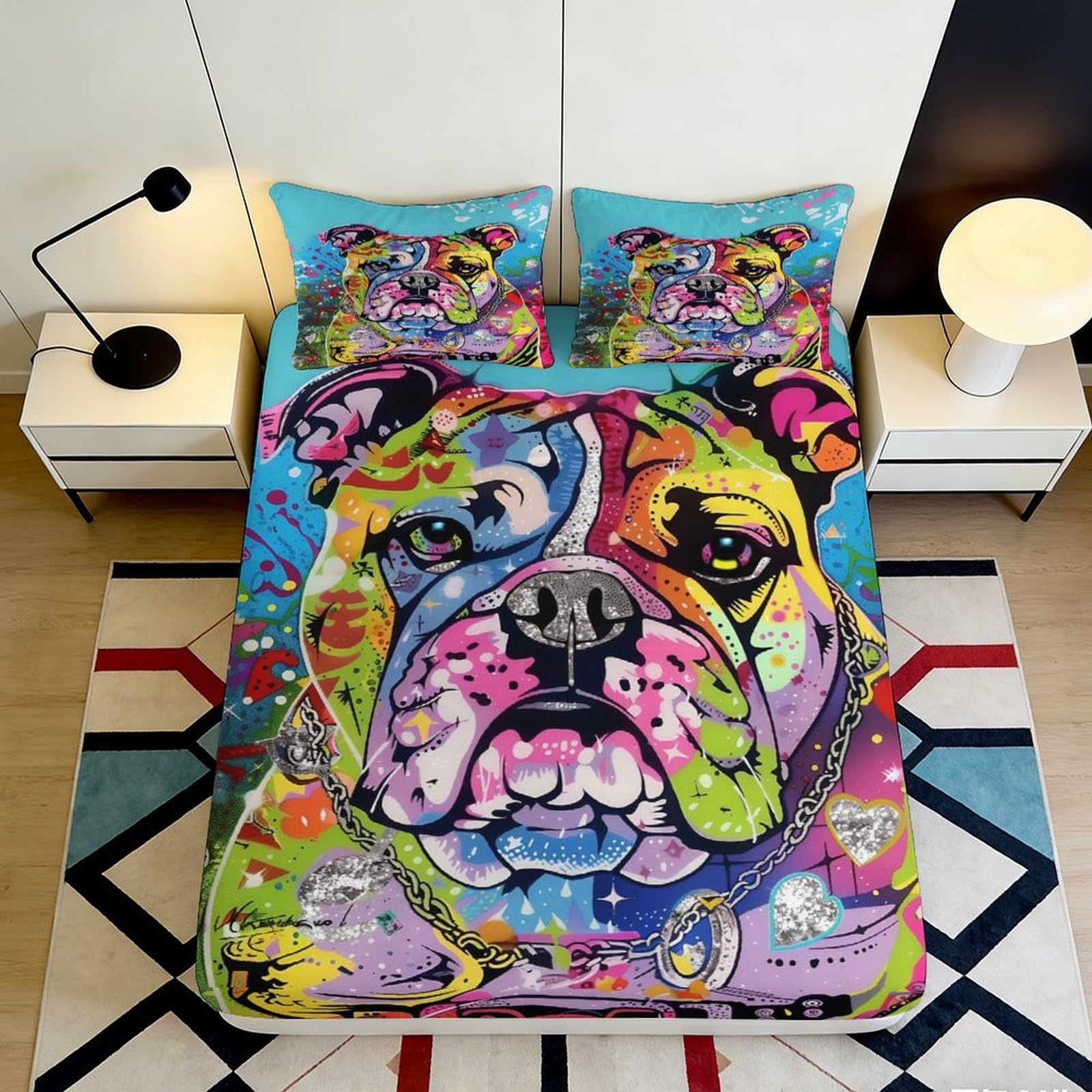 3D Printed Colorful Bulldog Fitted Sheet Microfiber Soft Breathable Vibrant Dog Bed Cover for Bedroom Dormitory Guest Room Mattress Protection 180x200x25cm