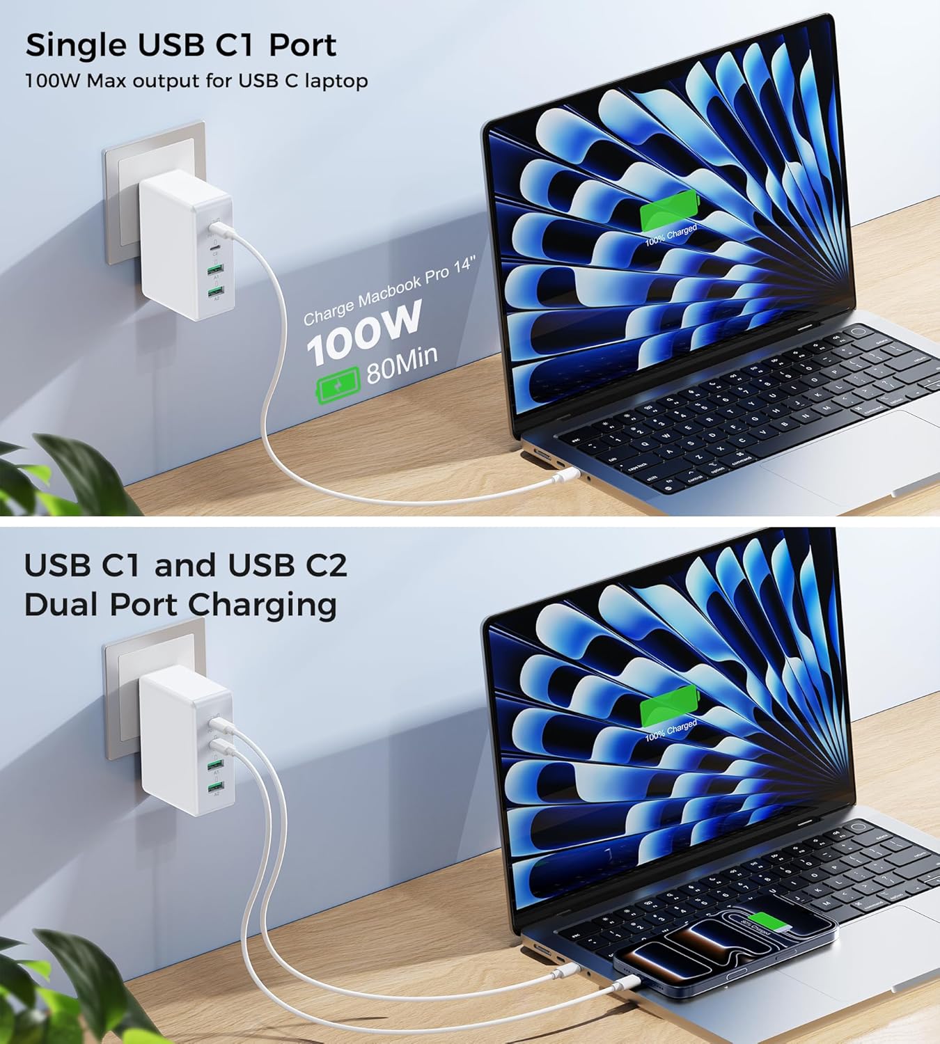 140W MacBook Pro Charger,C Wall Charging Block for MacBook Air M3/M2,4-Port PD20W Fast Charger Cube for iPhone 17/16/15 Pro Max,Charging Station Hub for Samsung S25/S24