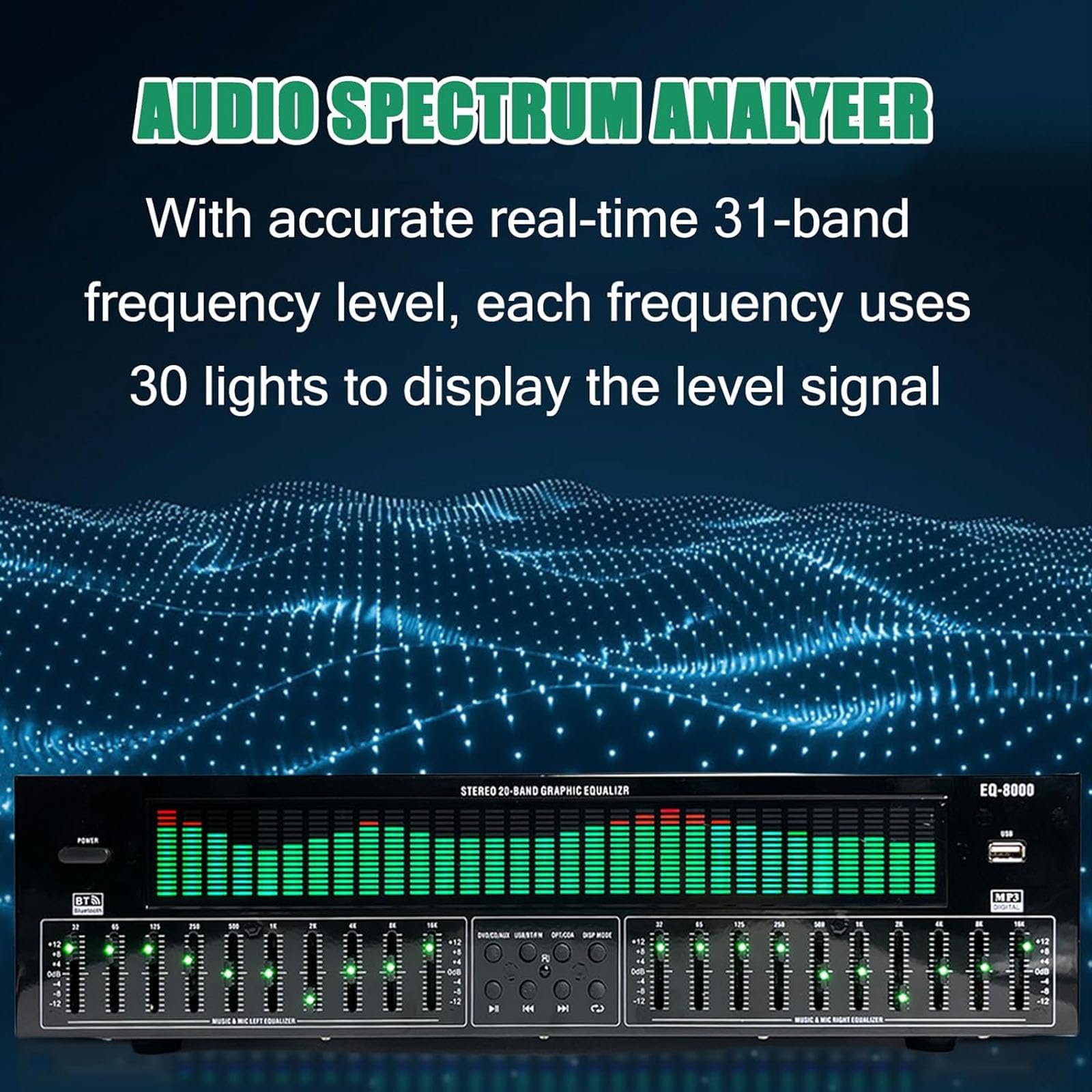 Equalizzatore digitale a 31 bande con riduzione del rumore, display a spettro dinamico, 12 modelli di ritmo, telecomando, cavo audio per palcoscenico, concerto, studio di registrazione