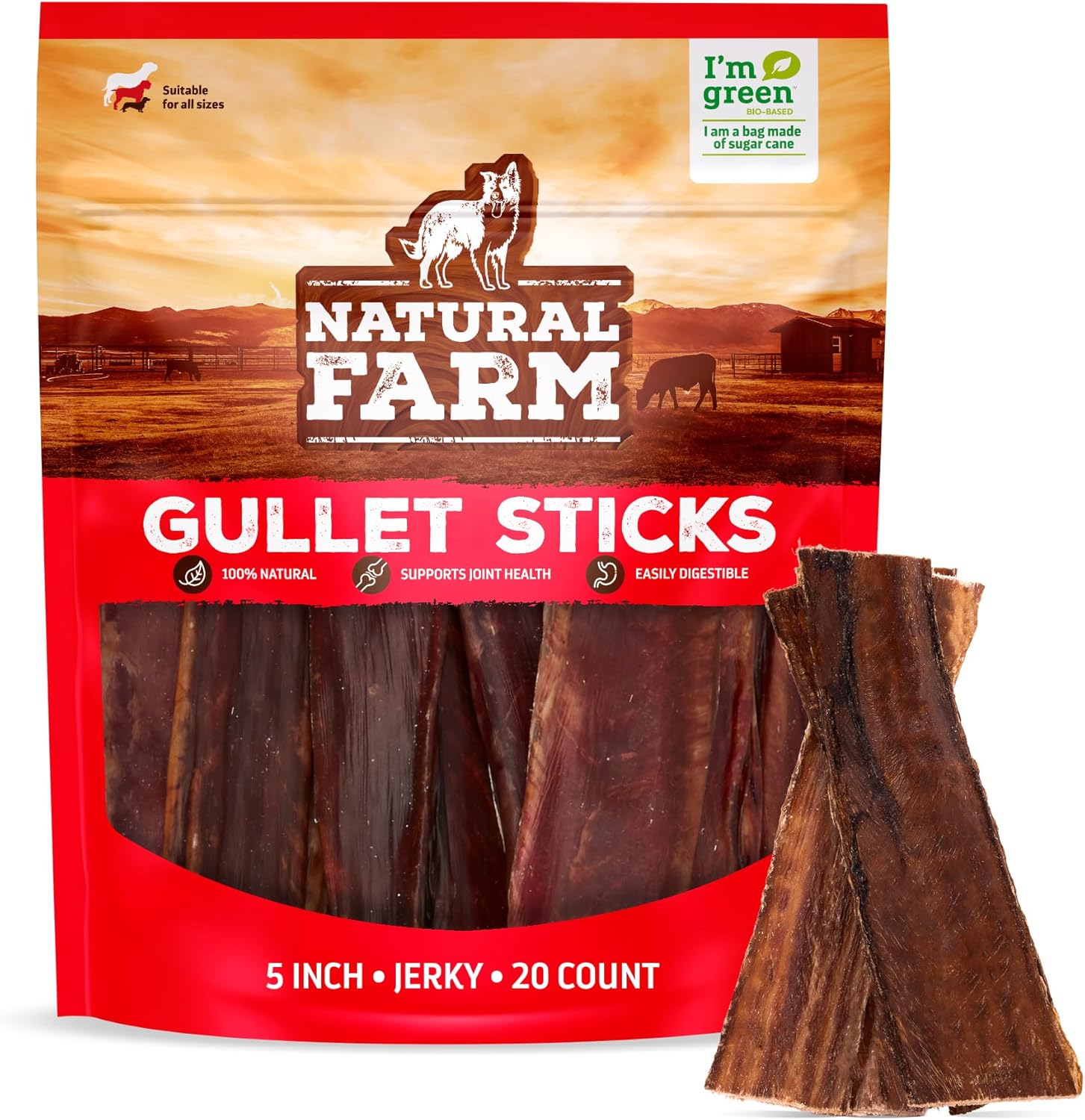 Natural Farm Beef Jerky Gullet Sticks Flat - 5-Inch (20-Pack), Grass-fed Beef, Glucosamine & Chondroitin, Rich Flavor, Highly Digestible, Chewy Yet Tender