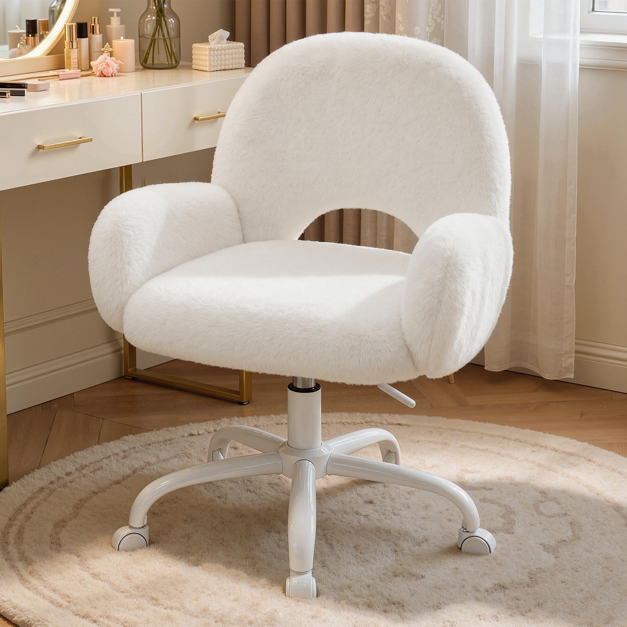 Chaise de Bureau Confortable, Fourrure Lapin Artificiel Douce Beige