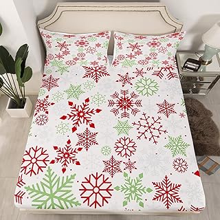 Christmas Fitted Sheet Twin Size Winter Magic Snowflake Bed Sheets For Adult Kids Women Girls Bedroom Decor Modern Red Green Fitted Bed Sheets Festival Snow Theme Bedding Set + 1 Pillowcase