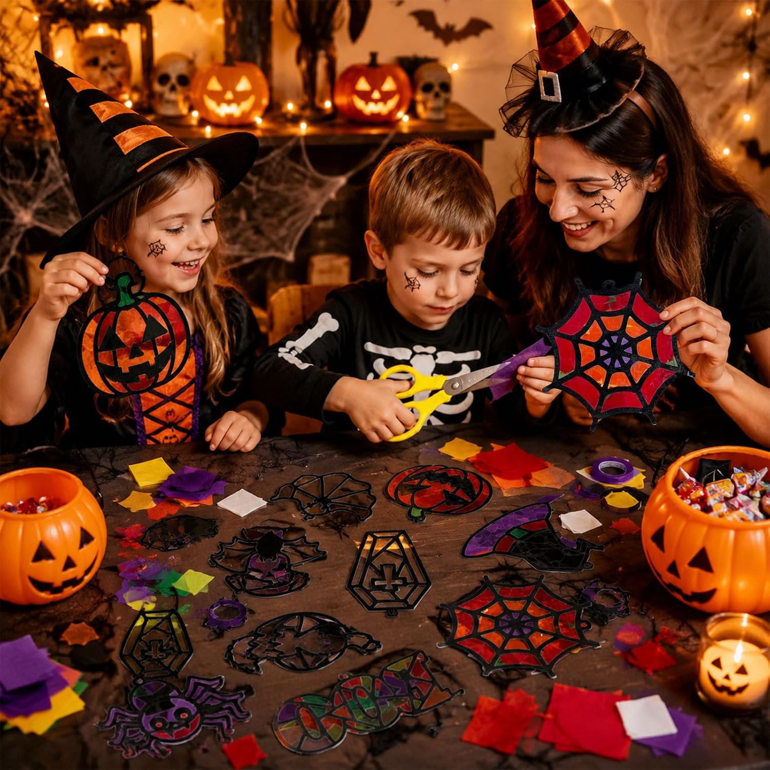 40 Pcs Halloween Suncatchers Paper Crafts Kit,DIY Skull Bat Spider Pumpkin Stained Glass Effect Tissue Paper Hanging Suncatchers Decor Tissue Paper Window Art , Halloween Party Favors Bulk Home Decor image 5