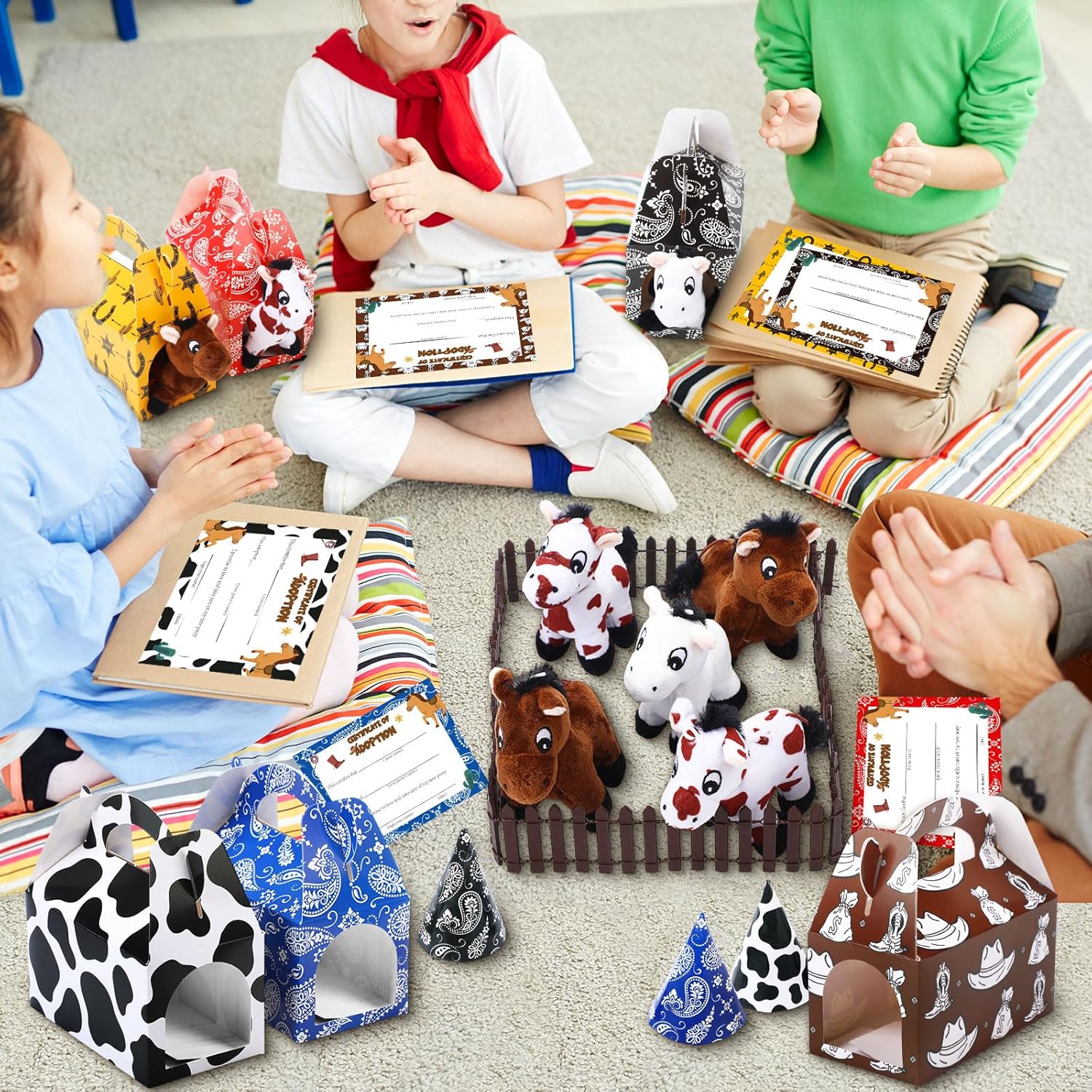 48 Pcs Adopt a Horse Party Favors Include 24 Mini Horse Stuffed Animals 24 Foldable Paper Boxes 24 Adoption Cards 24 Hats for Adopt a Pet Farm Western Party Favor Supplies (Design)