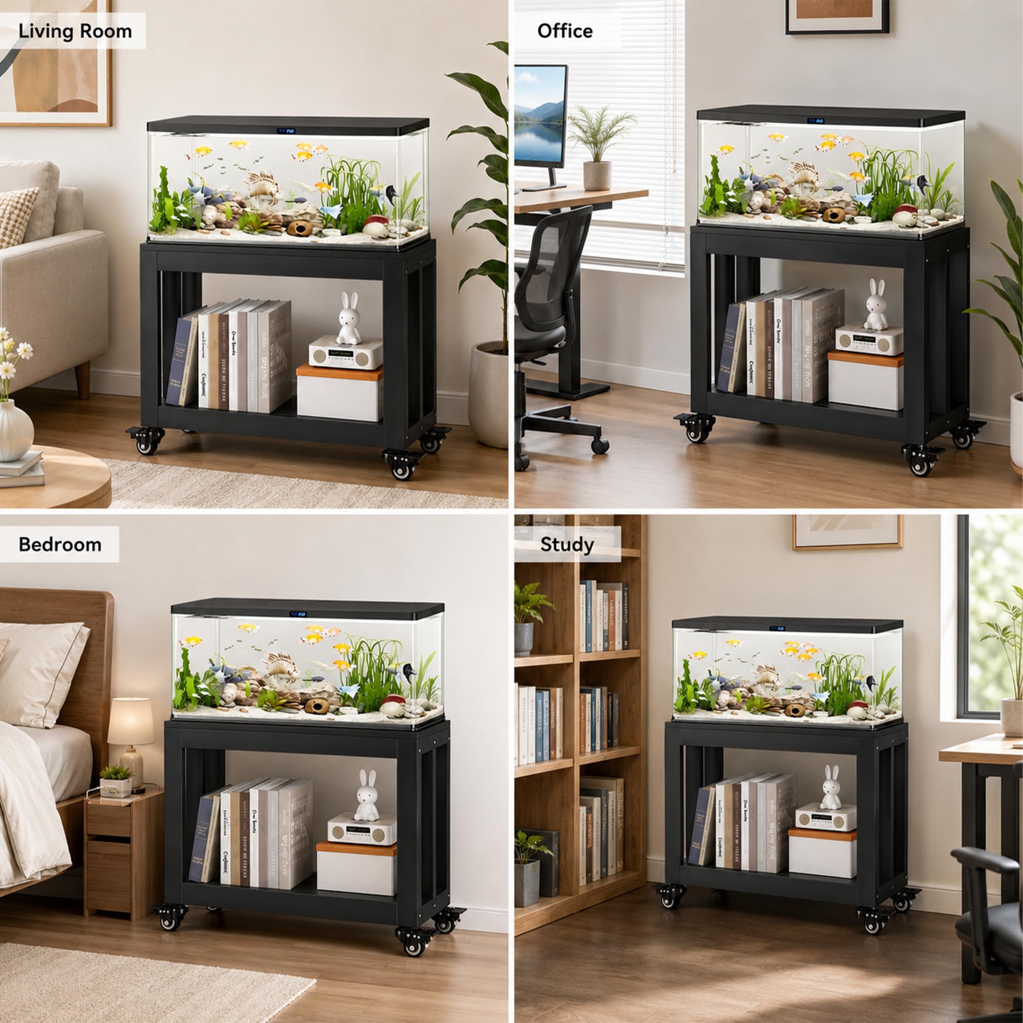 JSWHYBD Mueble para acuario 184 L con ruedas, soporte terrario de 2 niveles | Base robusta y estable con estante para salón, oficina, peces, tortugas y reptiles(C)