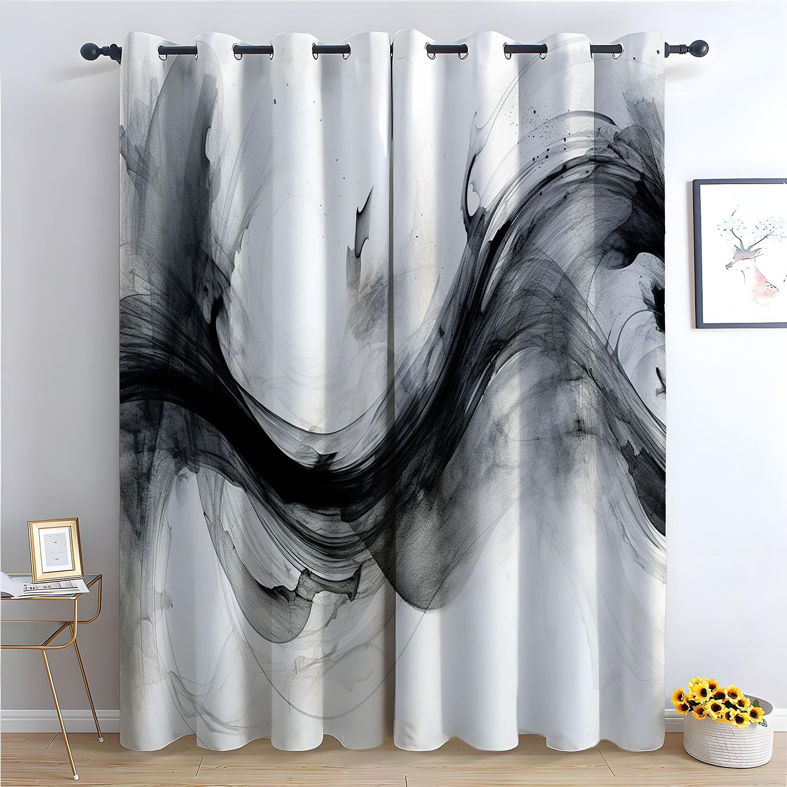 WQBQKKX Abstract Line Curtains Eyelet Soft Thermal Insulated Elegant Black out Curtains Watercolor Botanical Flower Print Pattern Window Drapes for Bedroom-52 W x 84" L (Pack of 2)