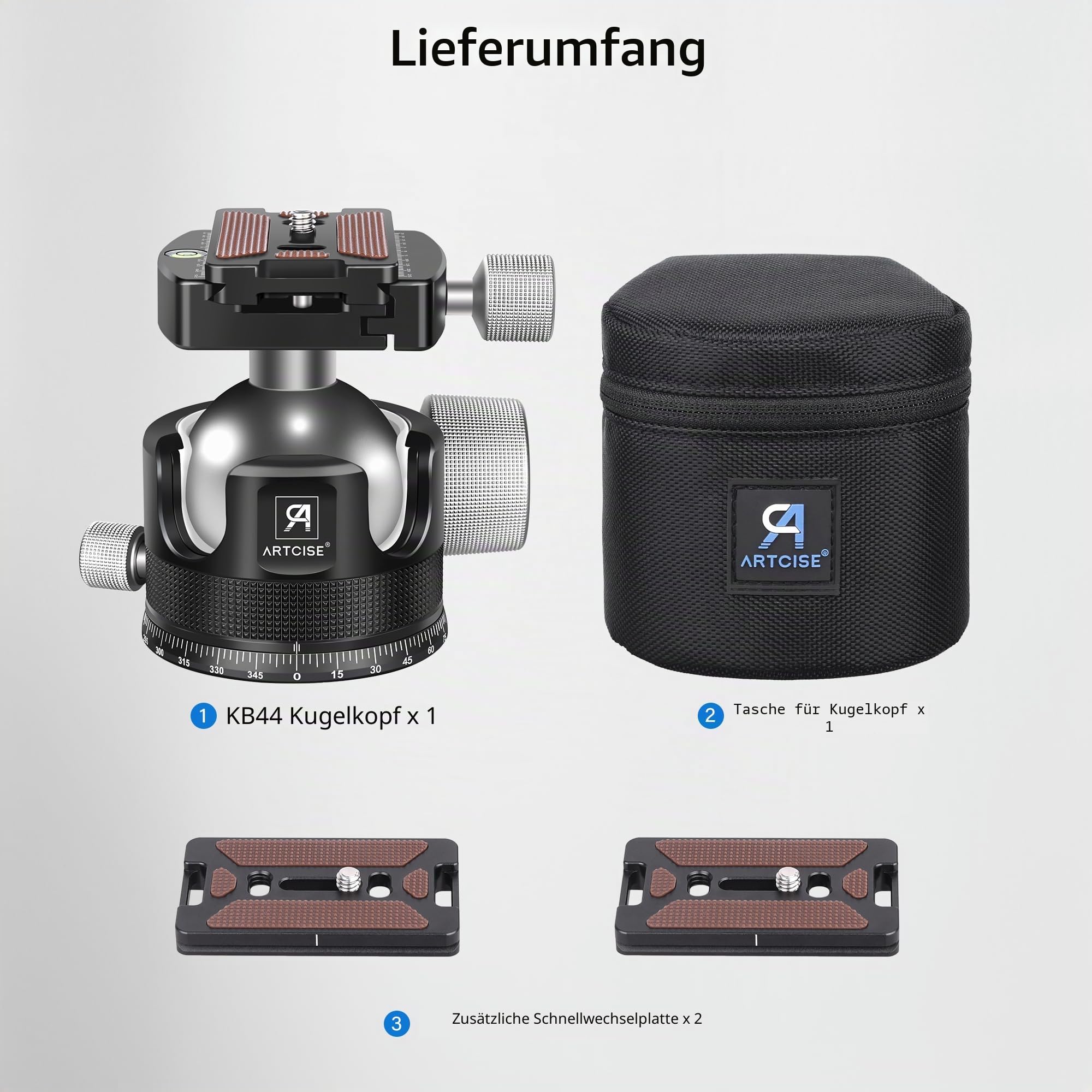 Low Profile Kugelkopf, ARTCISE KB44 Heavy Duty Stativkopf aus Vollmetall mit DREI 1/4" Schnellwechselplatten für Stativ, Einbeinstativ, DSLR, Camcorder, maximale Belastung 30 kg.