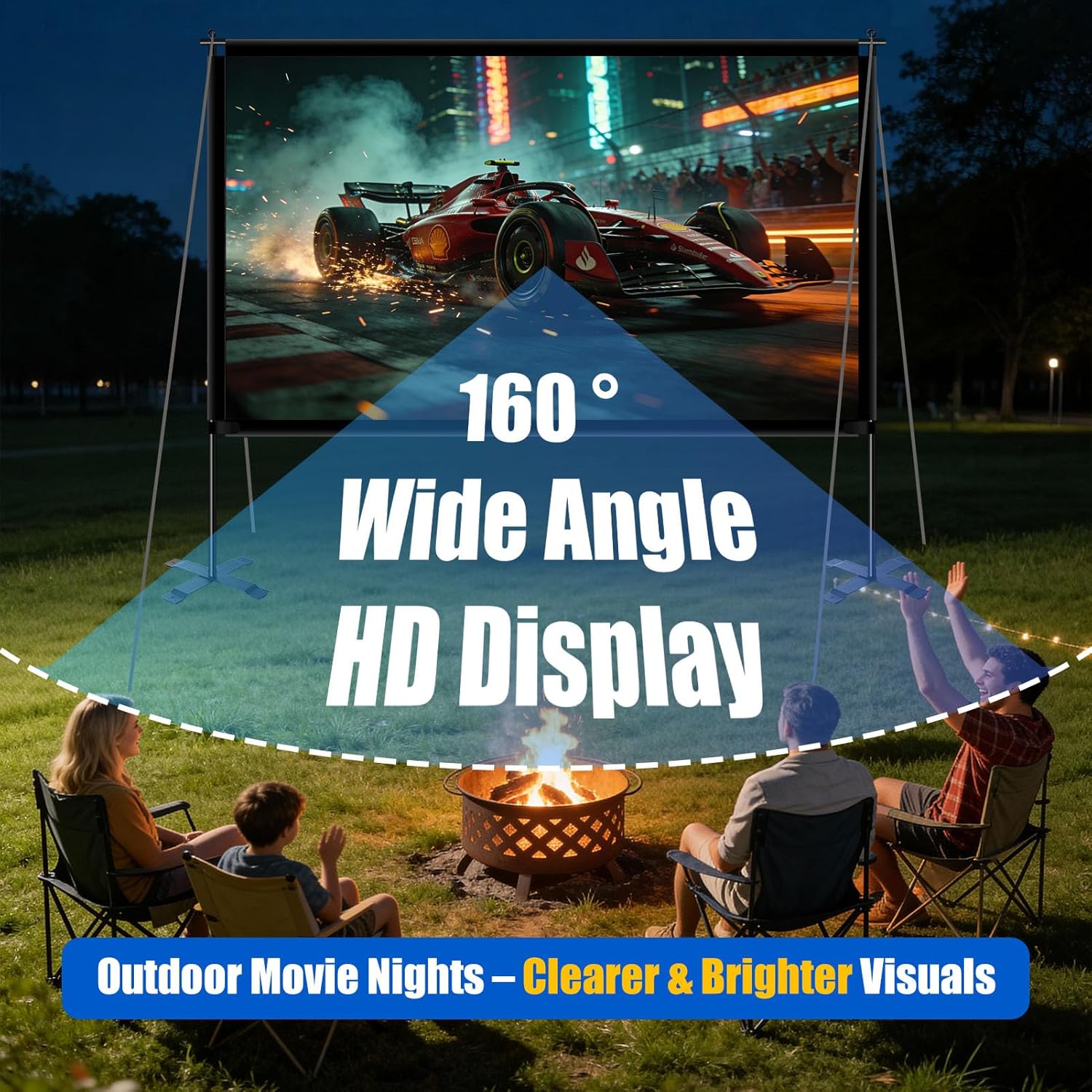 Outdoor 150inch Projector Screen with Stand, Portable Projector Screen with Carry Bag Windproof Fixing Rope, Indoor 4K HD Movie Projection Screen for Room Outside Home Theater Backyard, 16:9