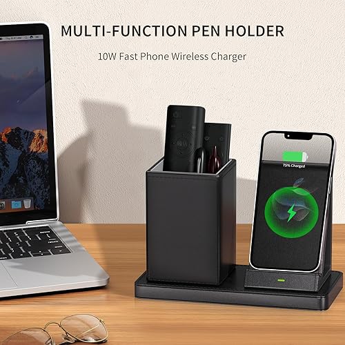 Miniatura 2 de Soporte multifuncional para bolígrafo para escritorio, organizador de escritorio de cuero vegano negro con soporte para control remoto, soporte para