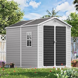 Resin Storage Shed with Floor 8 x 6 FT Waterproof Plastic Outdoor Garden Sheds Kit with Lockable Door & Windows,Patio Tool Shed for Backyard Lawn, Gray