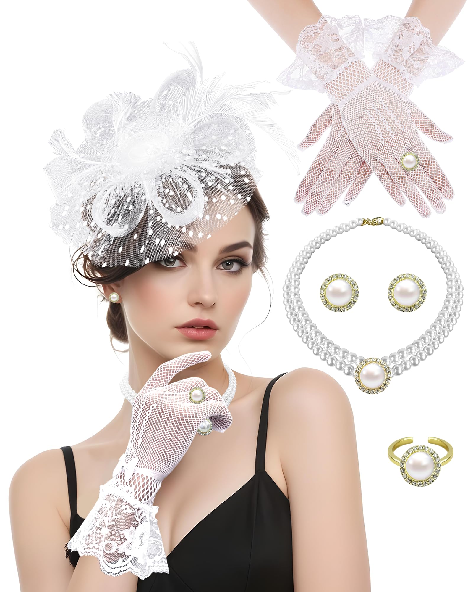 1920s Fascinator Mesh Flower Pearl Veil Headband Bridal Tea Party Cocktail 1920s Style Fascinator Headband With Mesh Veil & Pearl  main image 4
