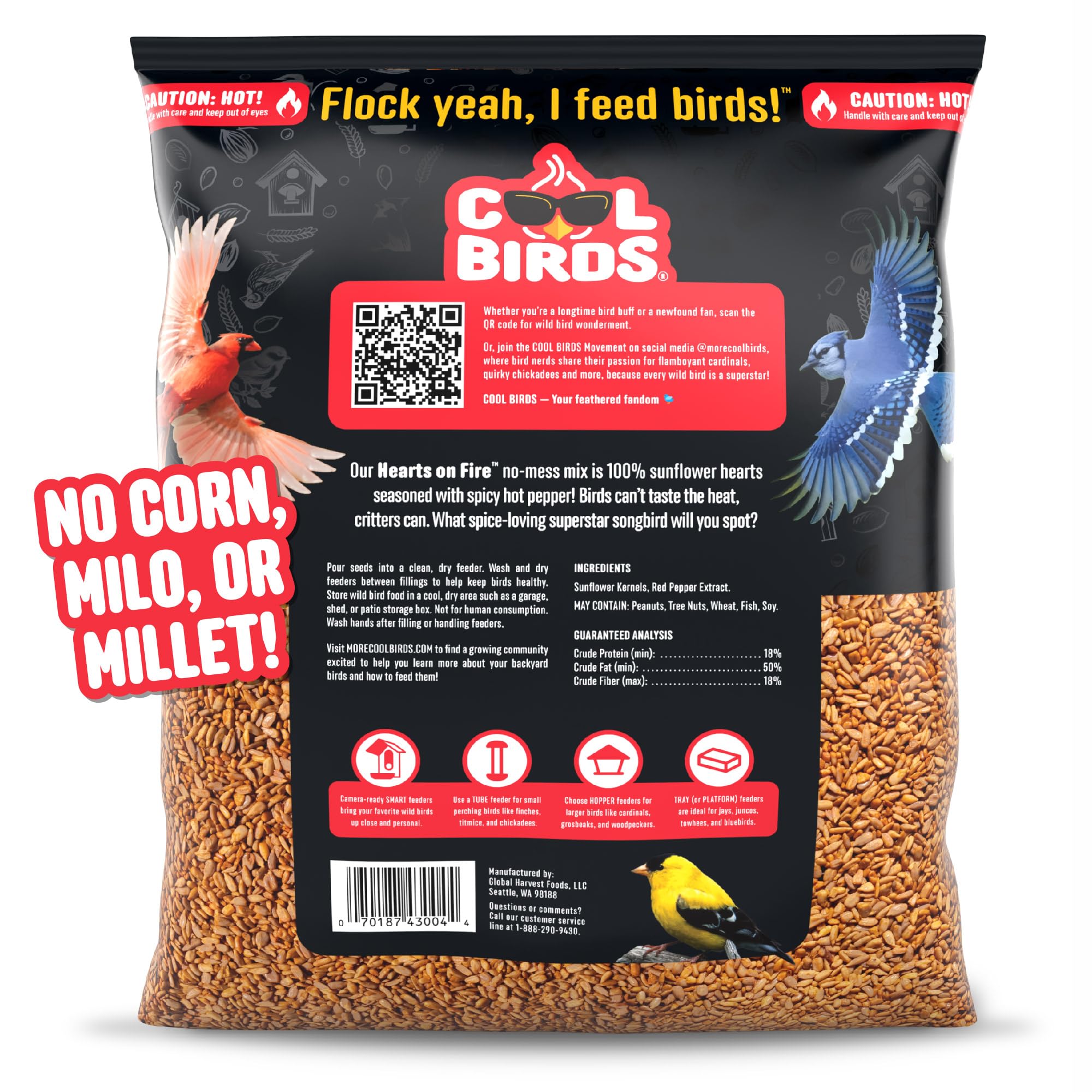 Cool Birds Hearts on Fire - Semilla de pájaro caliente, 10 libras, corazones de girasol 100% descascarados con aceite de chile, semillas de pájaros sin residuos para comederos exteriores