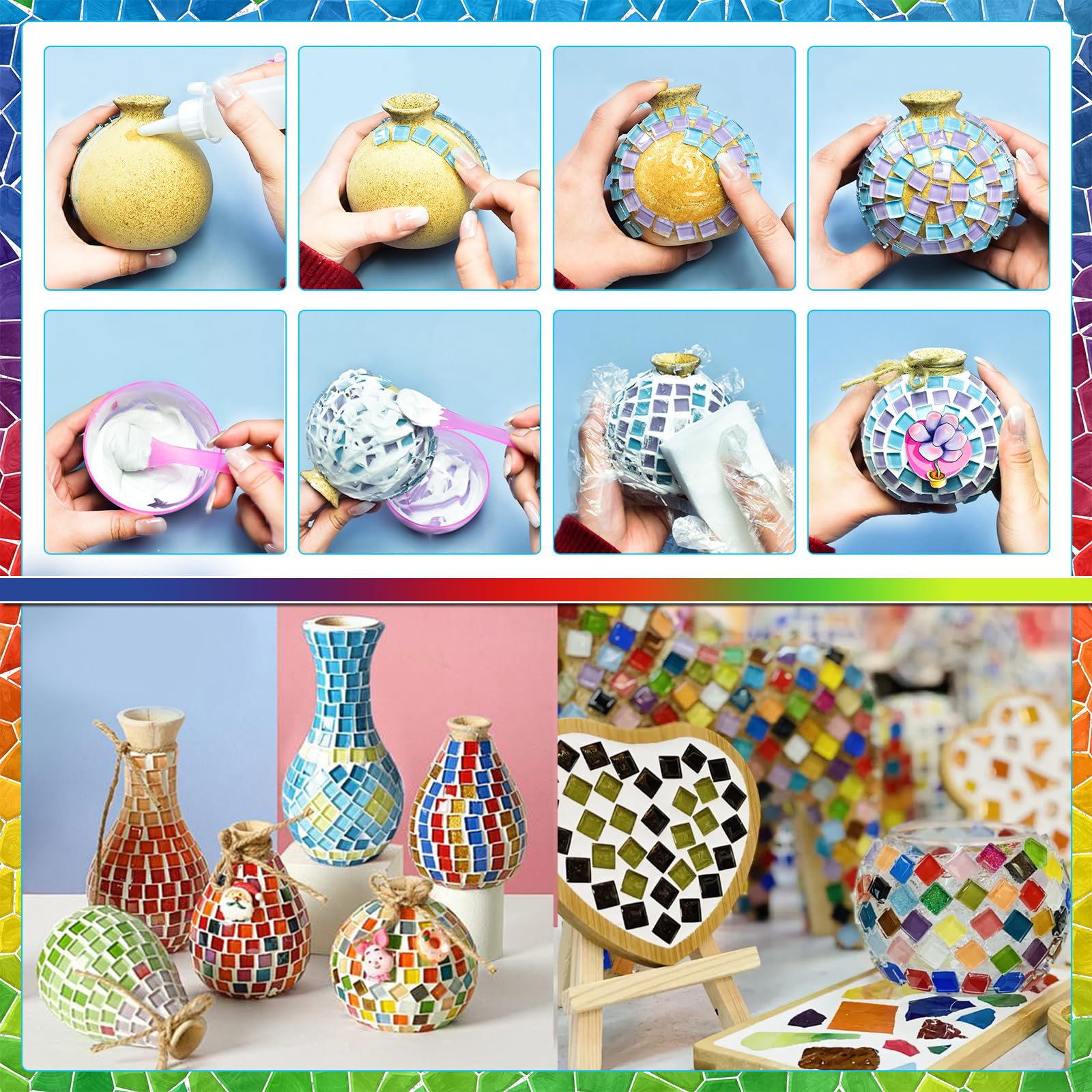 CHRI 1000 g kamieni mozaiki szklanej, 1 x 1 cm, kolorowe kryształowe płytki mozaikowe, ok. 1200 sztuk kamieni mozaiki do projektów DIY, majsterkowania, dekoracji mozaiki (kolorowa mieszanka)