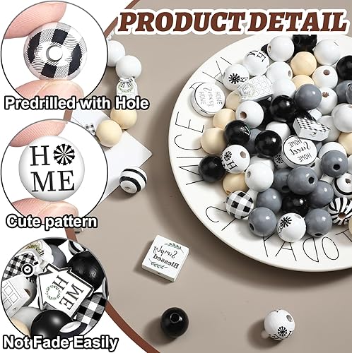 Miniatura 5 de Thyle 200 cuentas de madera de color blanco y negro con rayas de búfalo de 0.630 in y 0.787 in, cuentas de color sólido arqueadas para ventana,