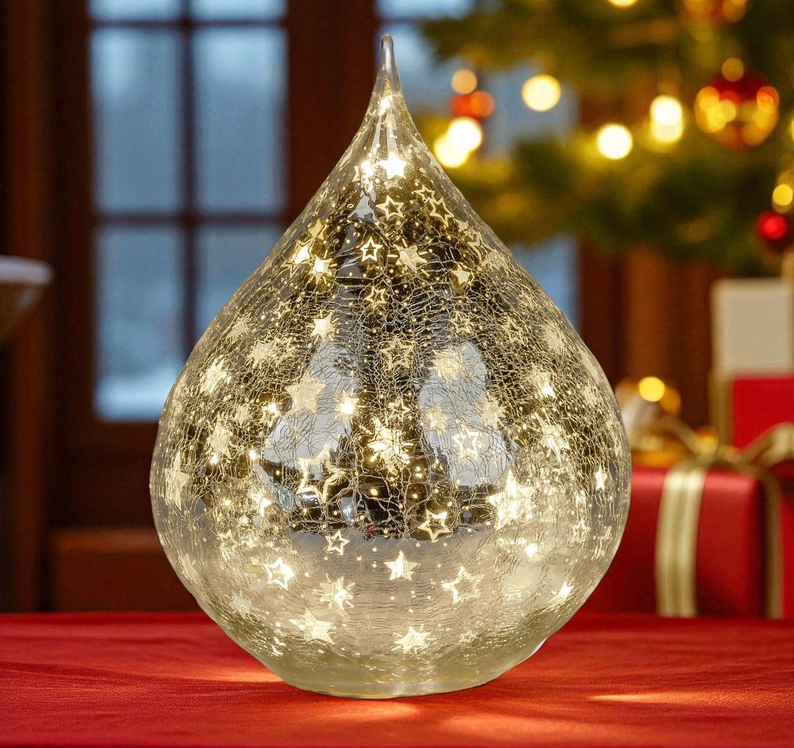 formano Dekoracyjna lampa LED w kształcie kropli gwiazd, 25 cm, szklana lampa z timerem (6 h włączona/18 h wyłączona), zasilanie bateryjne, nastrojowe światło na zimę i Boże Narodzenie, dekoracyjna