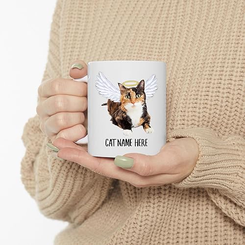 Miniatura 3 de Taza de café conmemorativa personalizada con alas de ángel, calicó y carey, regalo de condolencias para los amantes de los gatos, taza blanca de 11