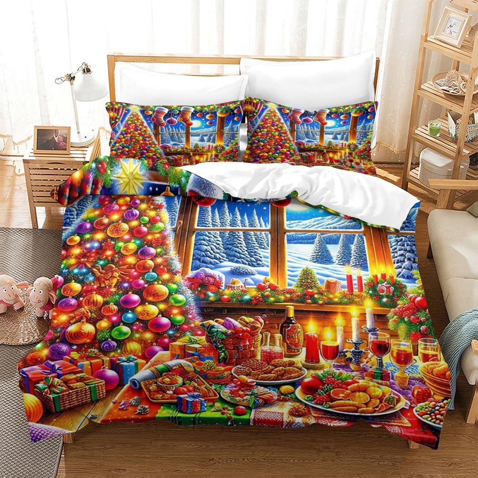 YYVKPMLXC 3D Christmas Tree Duvet Cover Set 3pcs King (220x240cm), Soft Microfiber Bedding, Winter Snowscape Window View Pattern, Zipper Closure, for Kids Teens Adults