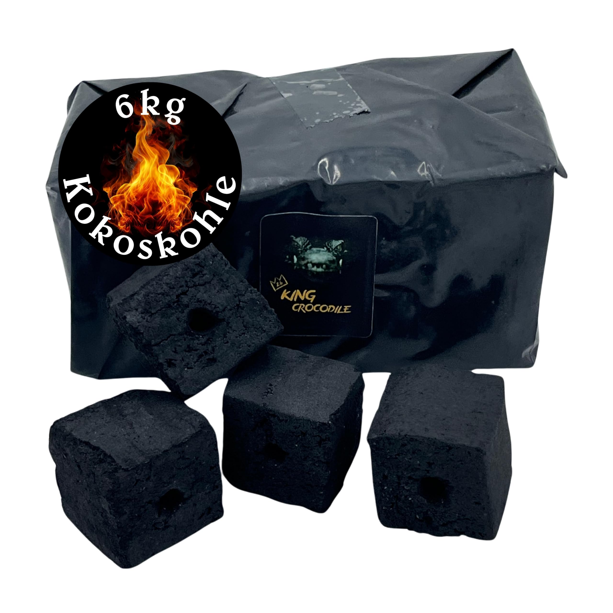 Kokosnuss Kohle Cubes 40x40mm 6kg I Kohlewürfel mit Zugloch I Nachhaltige Naturkohle mit Langer Brenndauer & wenig Asche I Grillkohle mit geringer Rauchentwicklung