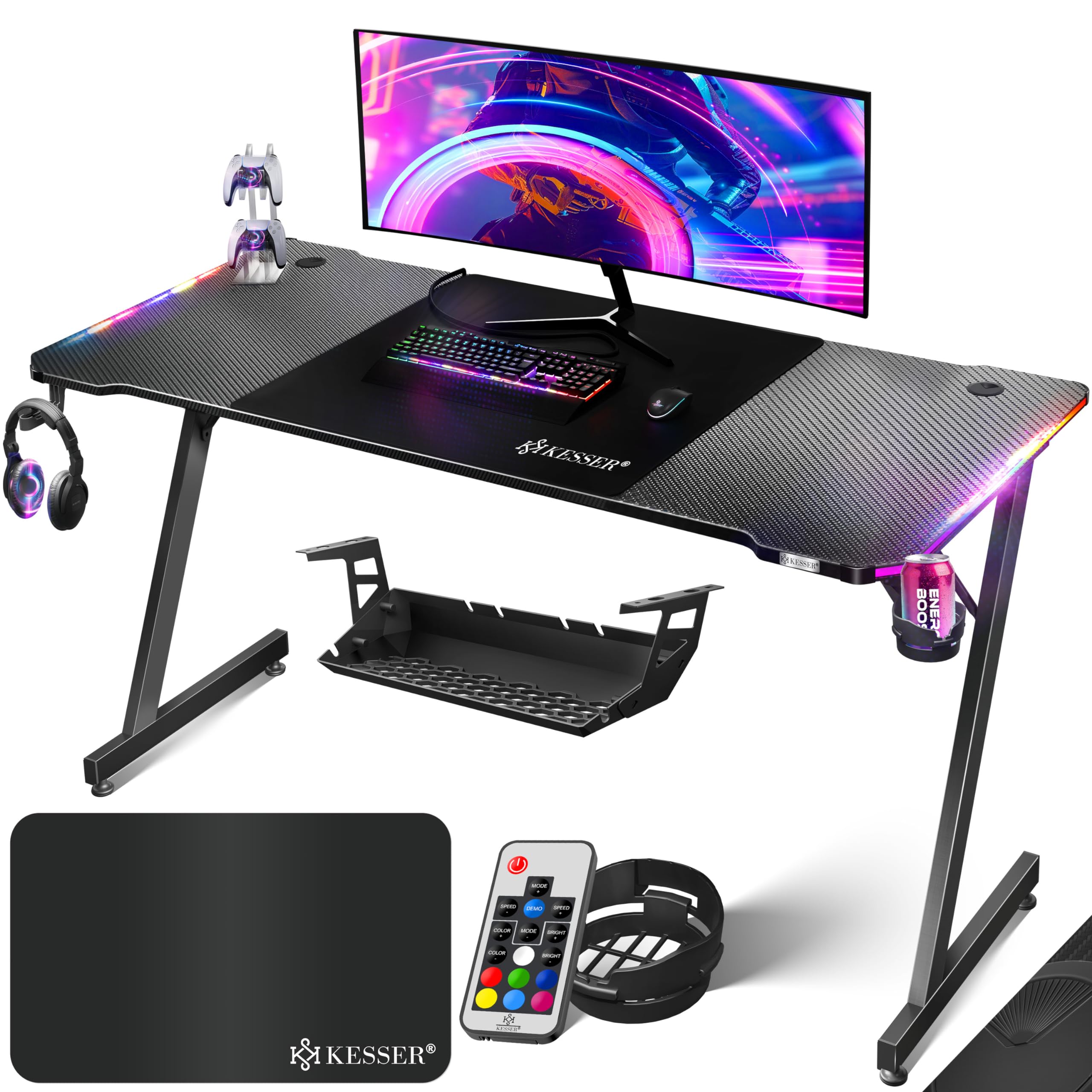 KESSER® Scrivania da Gioco LED - 180 x 80 cm, Scrivania a forma di Z, Gancio per Cuffie e Rivestimento in Carbonio, Ergonomica per PC, con Portabicchieri, Nero Carbonio