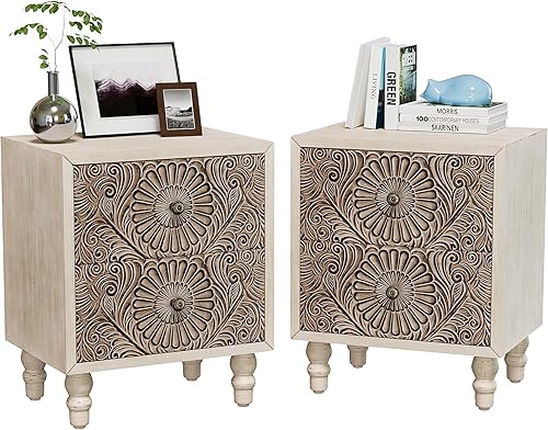 Miniatura 57 de SUNBURY Mesa auxiliar para sala de estar, mesa auxiliar pequeña con 3 cajones, mesita de noche vintage, elegante mesita de noche pequeña para