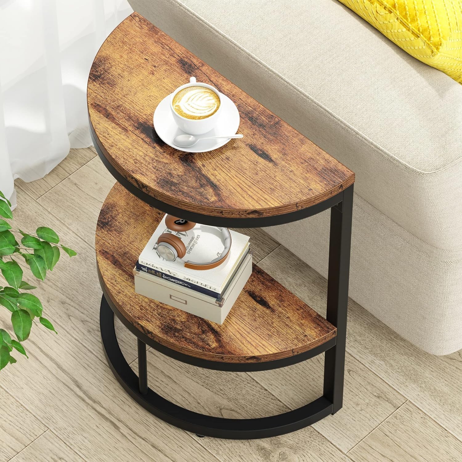 AALIYA MART Iron Frame Half Round End Table, Semi Circle Side Table with Open Storage Shelf, Modern Narrow Corner Table, Sofa Couch Tea Table for Living Room Bedroom (Mahagony)-image-11