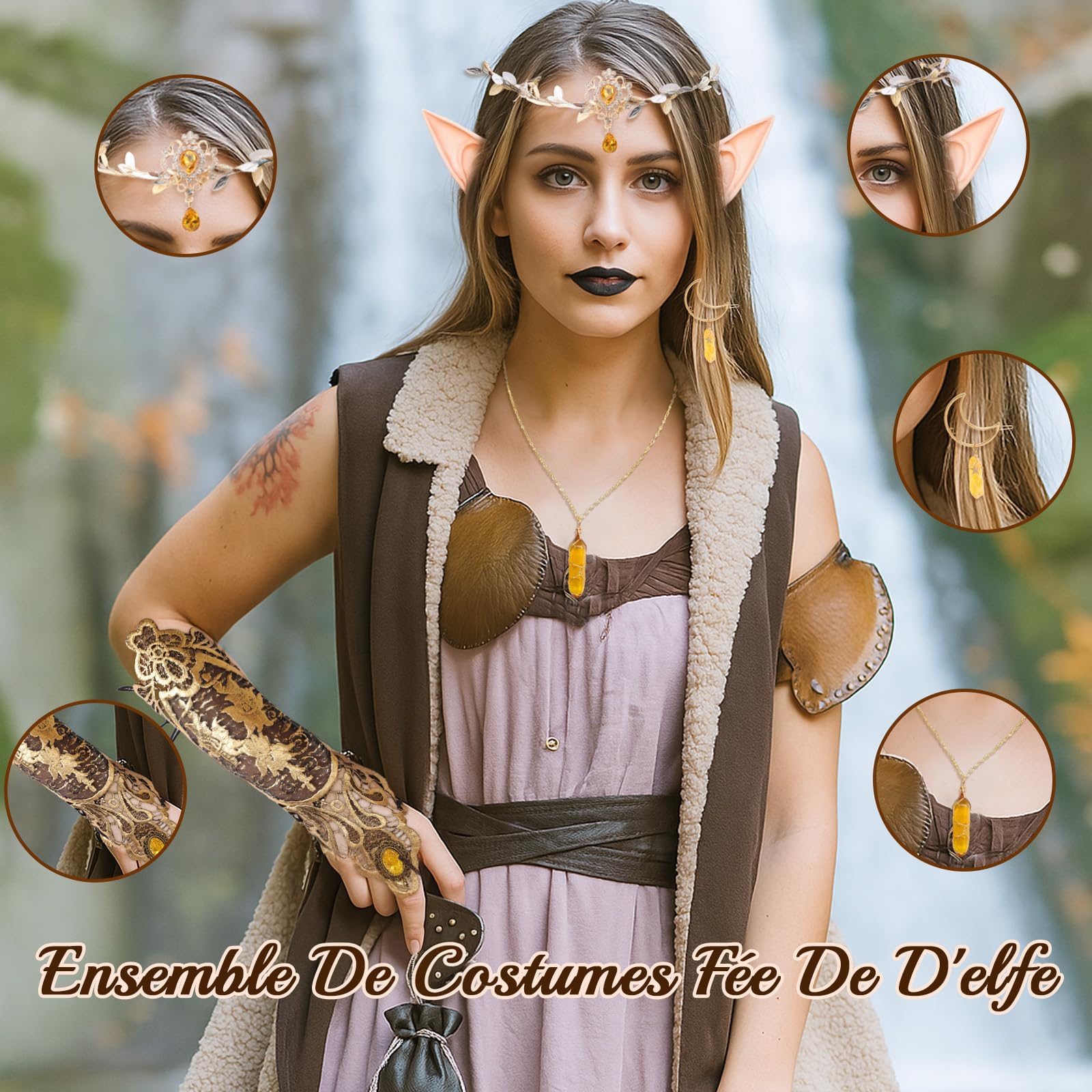 Beamely Elf Costume Set for Women, Forest Fairy Ears Accessories with Floral Wreath Gloves, Fairy Ears, Necklace, Renessance Elf Set, Forest Fairy Ears Set für Halloween Carnival Theme Party