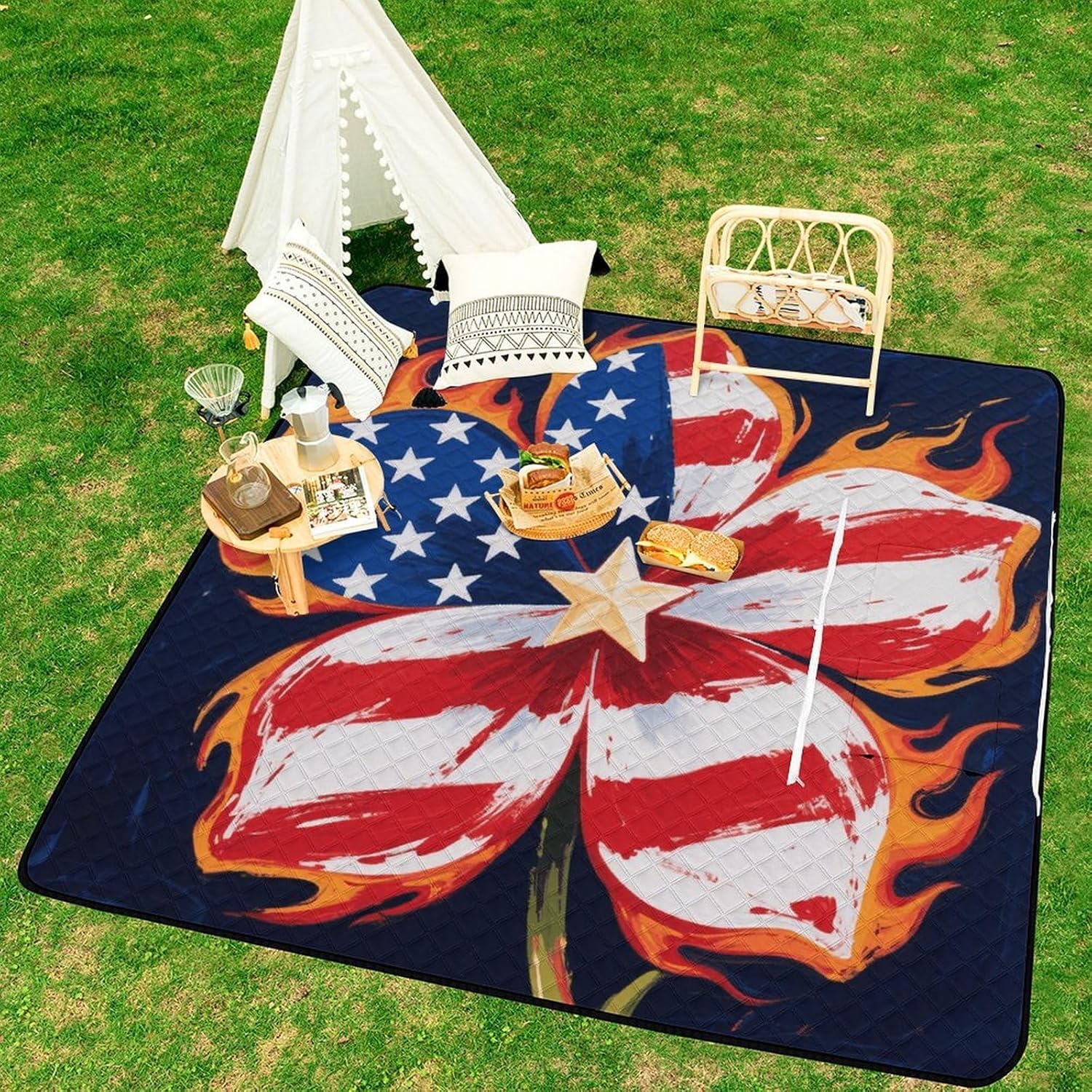 American Flower Picnic Blanket 200x200cm, Foldable 2-in-1 Picnic Mat and Tote Bag Portable Waterproof Beach Mat Sandproof Outdoor Blanket for Park, Hiking, Beach, Camping, Travel