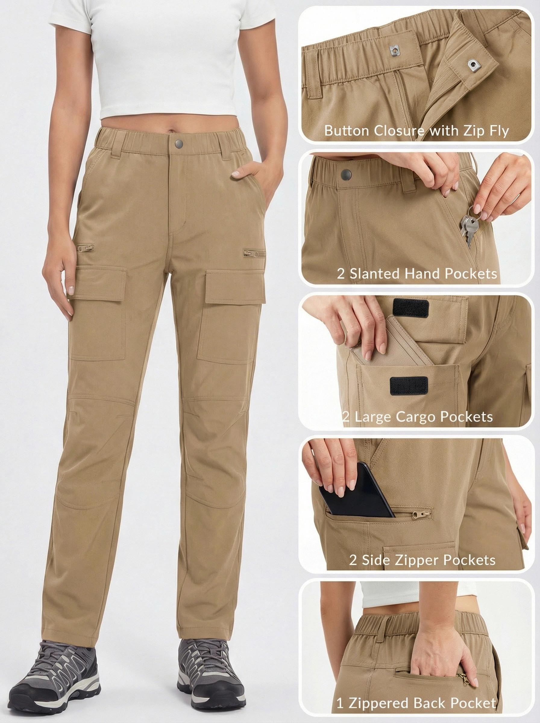 GymBrave Pantalon de Randonnée Femme Été Léger Pantalon de Travail Extensible Imperméable Pantalon Cargo avec Poche Zippée Pantalon de Trekking Pantalon Safari
