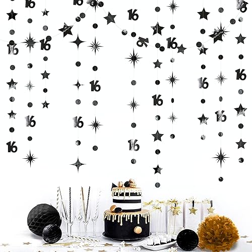 Guirnalda de estrellas centelleantes con número 16, color negro, con diseño de banderines, decoración de fondo para niñas, feliz cumpleaños de 16